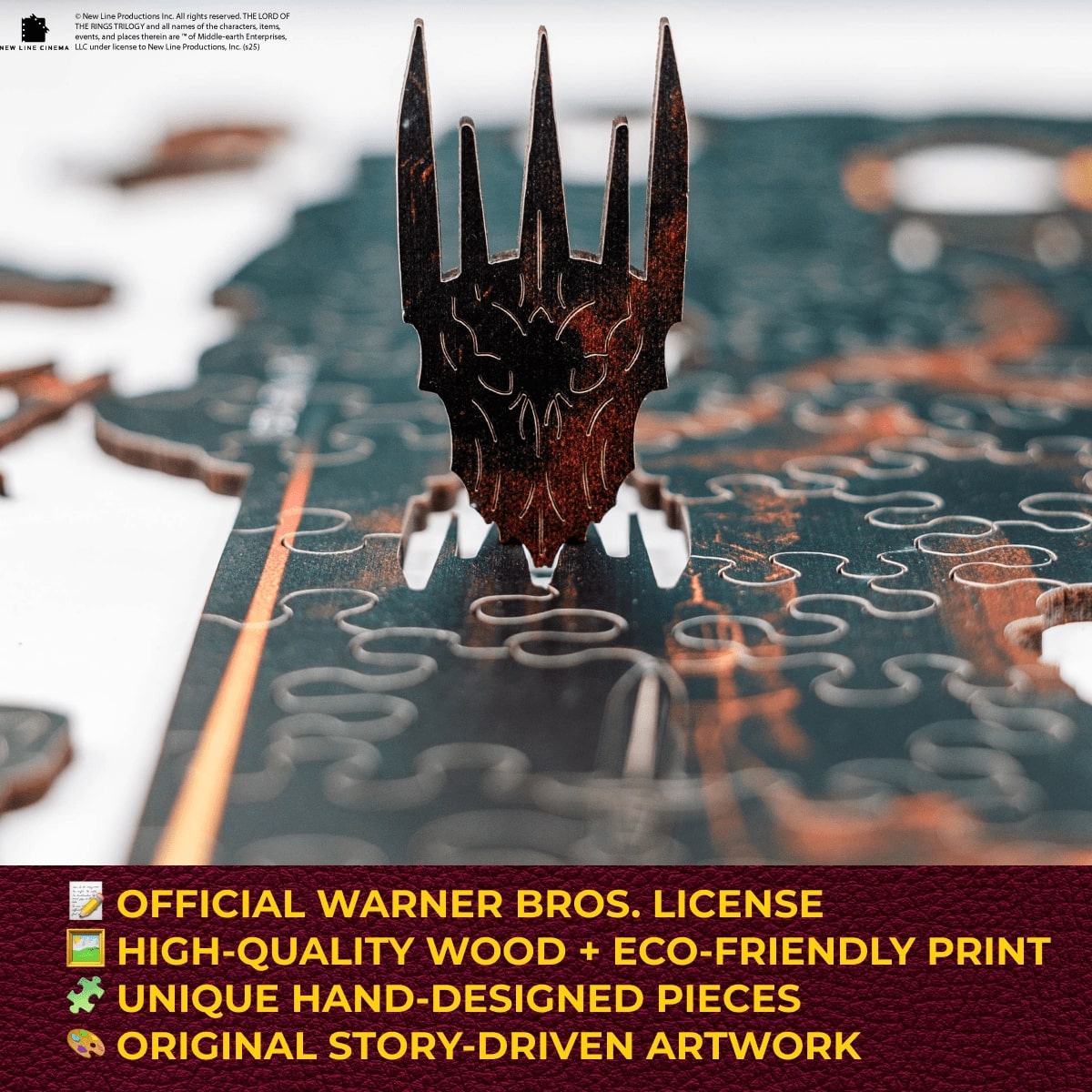 Wooden puzzle piece with detailed design on a blurred background