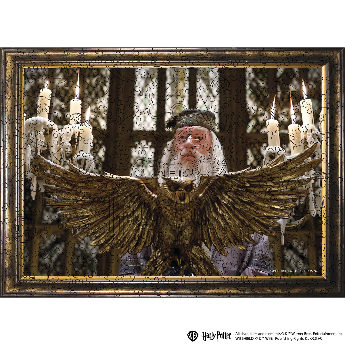 Packaged wooden jigsaw puzzle featuring Albus Dumbledore from the Harry Potter series, with a visual depiction of the character in his iconic robes against a backdrop of a candleslit room.