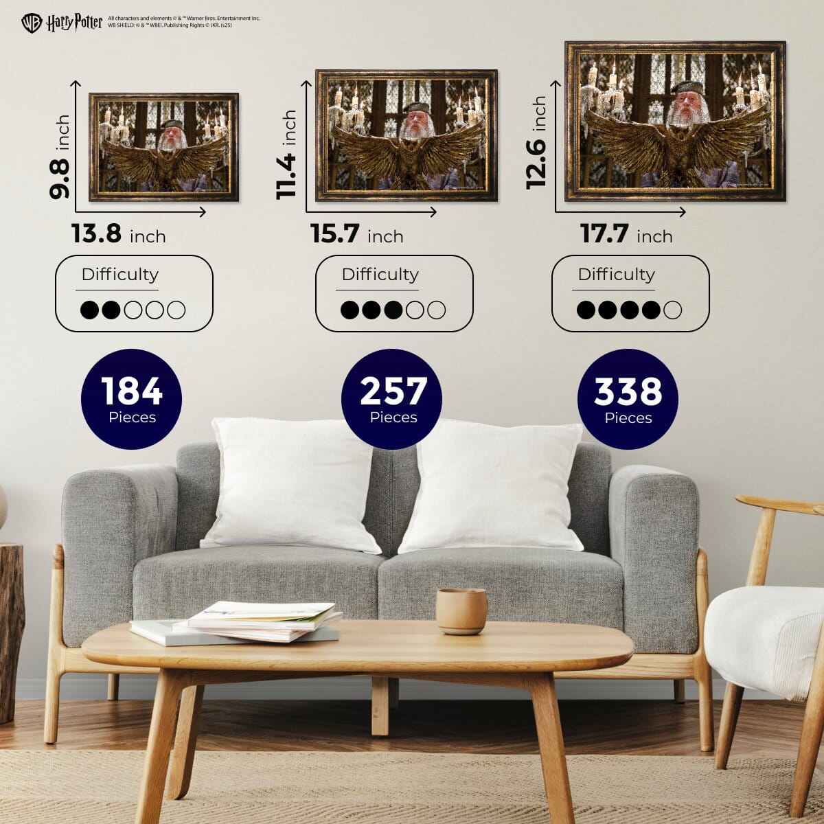 Living room setup with a gray sofa, wooden coffee table, and framed pictures on the wall.