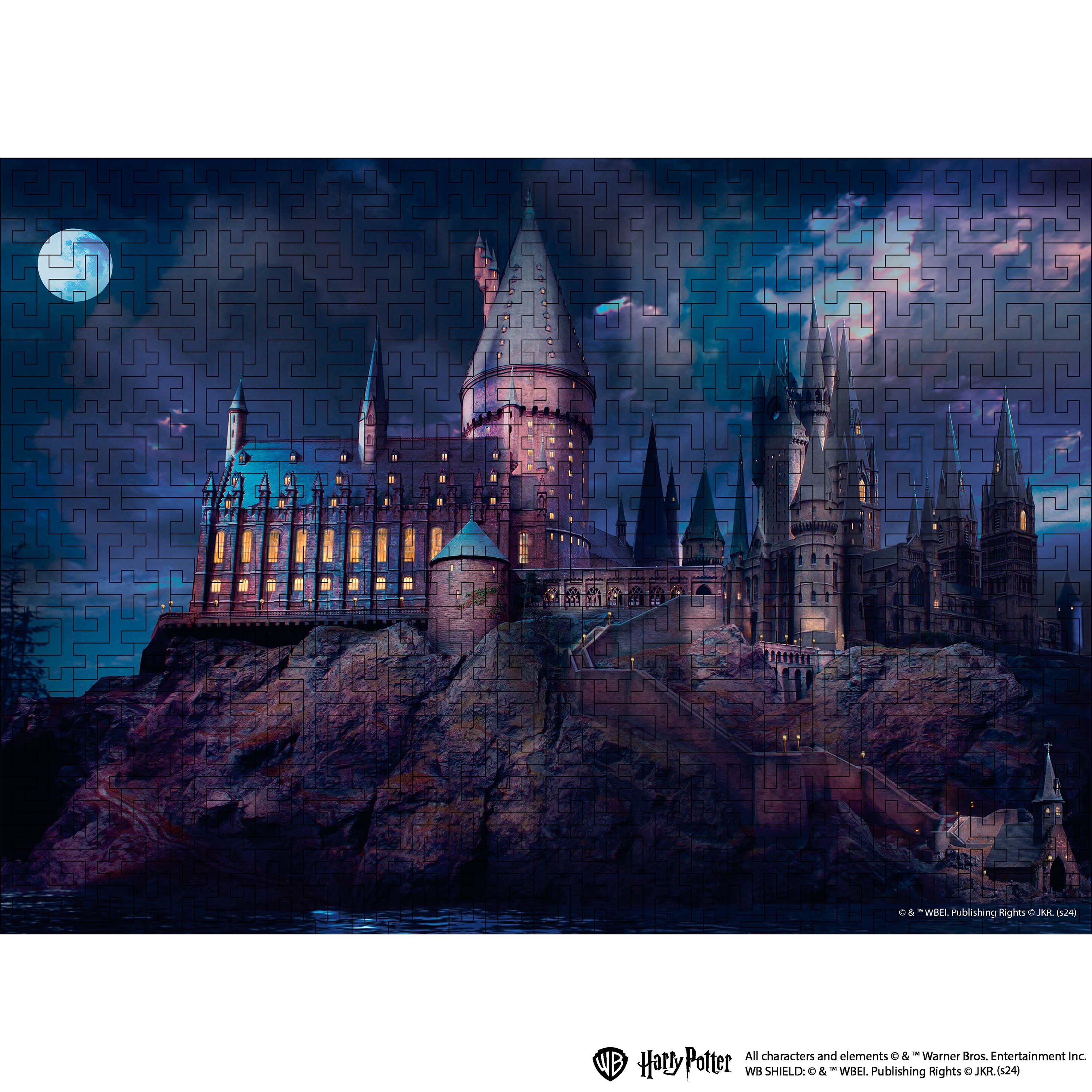 Jigsaw puzzle with a Harry Potter-themed castle design on a white background