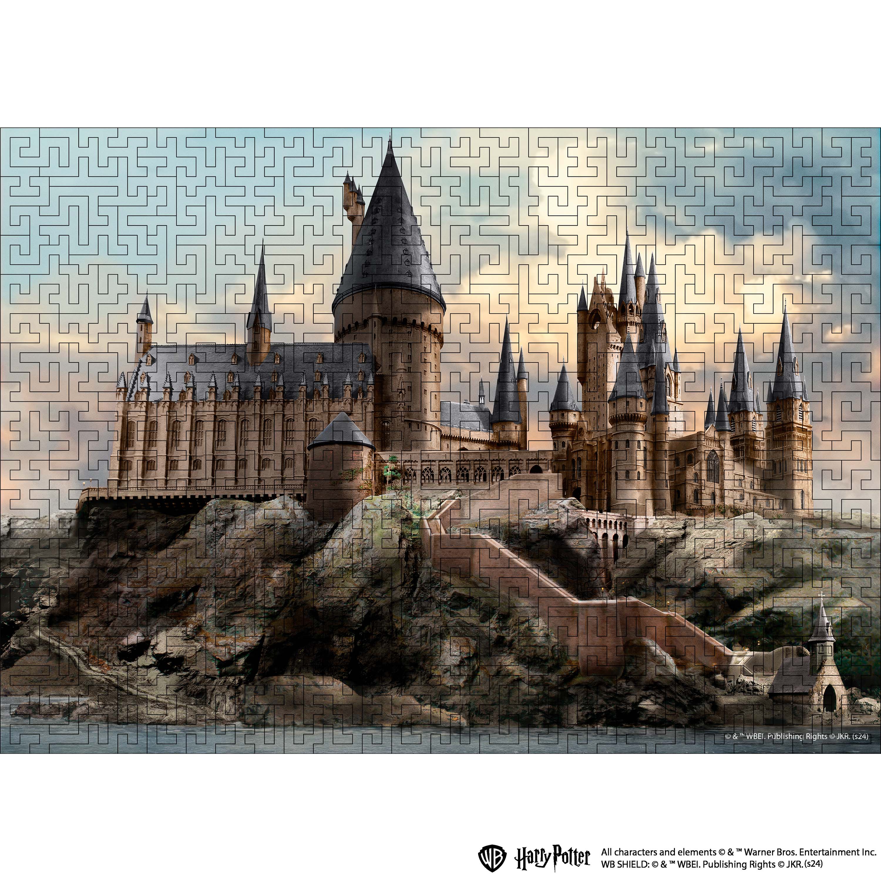 Harry Potter Hogwarts Castle wooden jigsaw puzzle box and assembled image showcasing the castle.