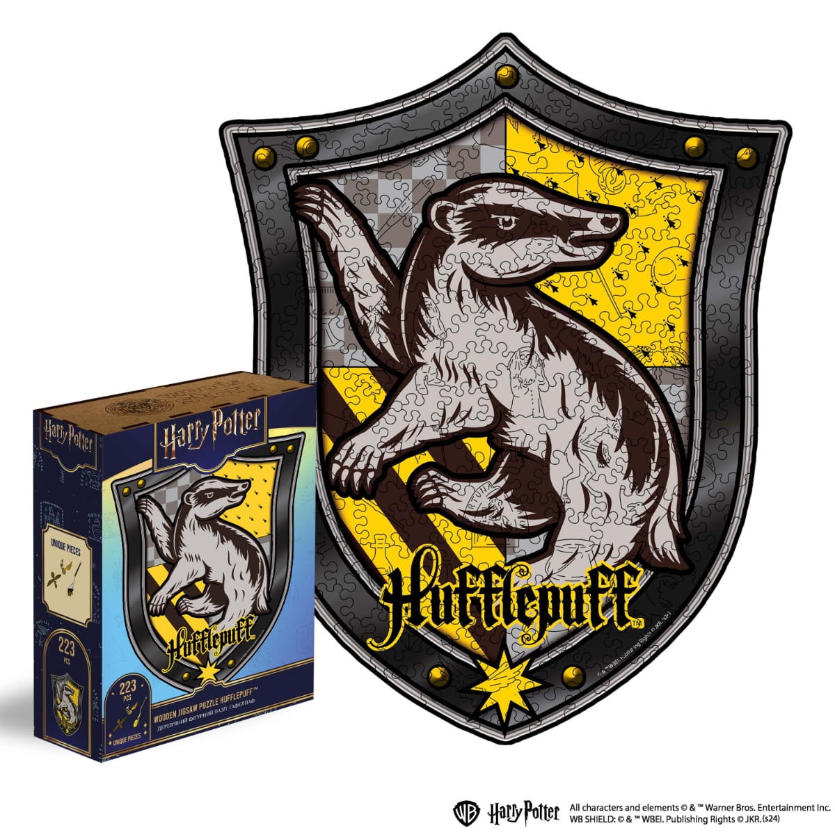 Hogwarts House Puzzles packaging with a badger design on a shield