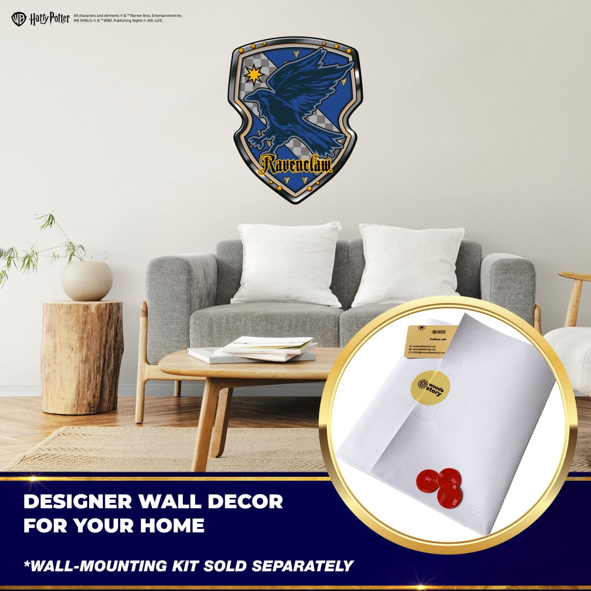 Ravenclaw wall emblem in a living room setting with a close-up of a product packaging.