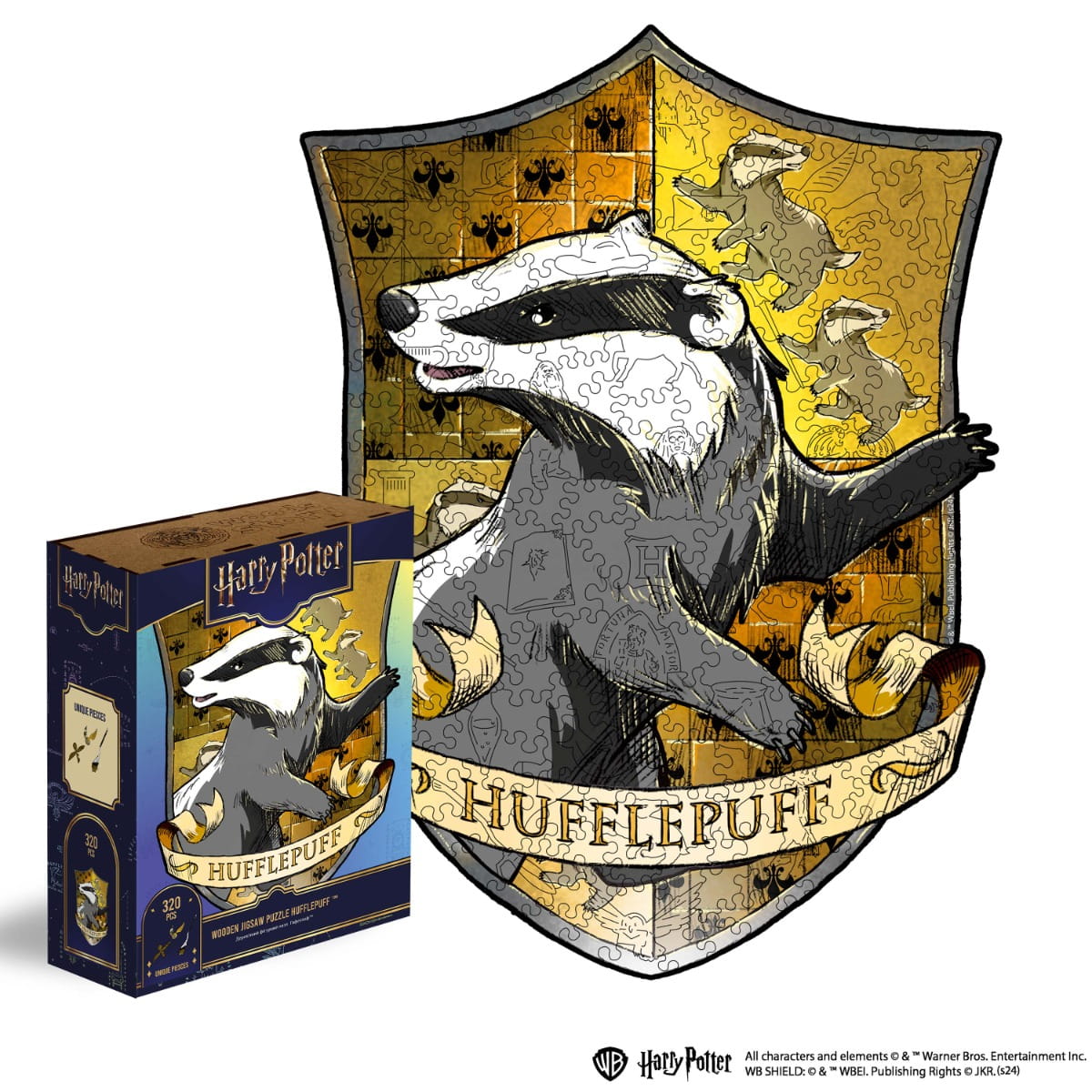 Hufflepuff house emblem with a badger and packaging box from Harry Potter series