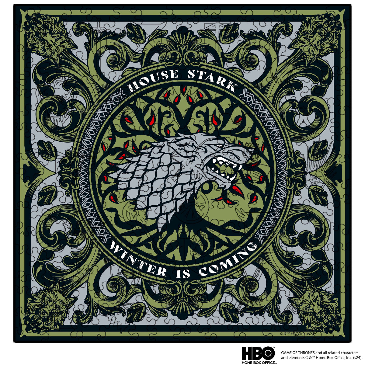 A wooden jigsaw puzzle featuring the crest of House Stark from Game of Thrones with the text 'Winter is Coming'.