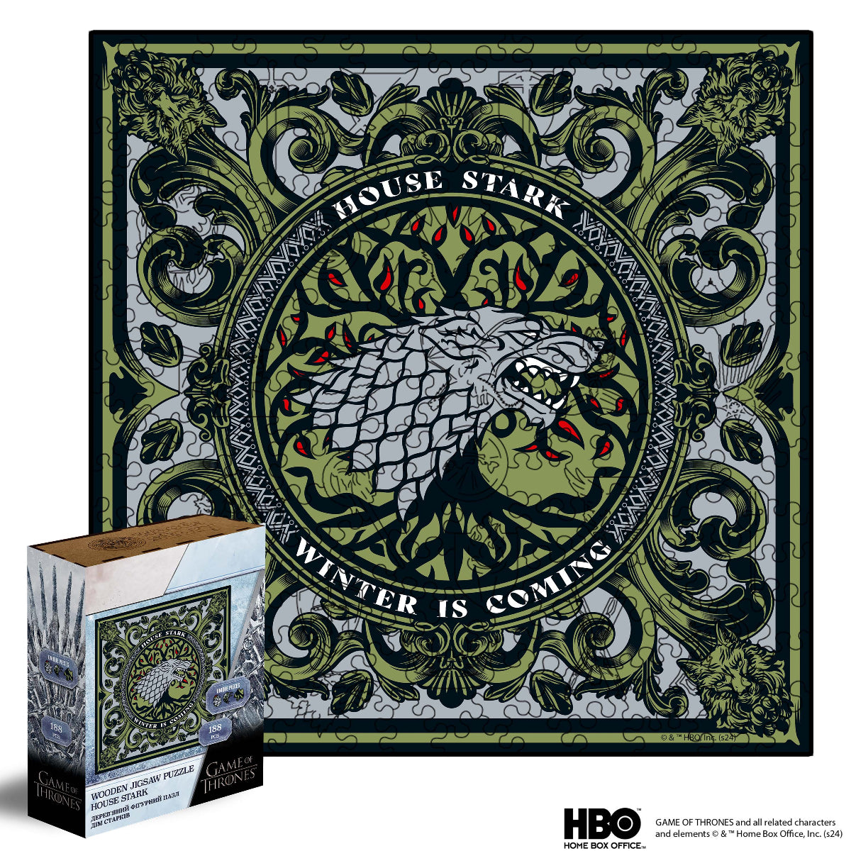 A wooden jigsaw puzzle featuring the crest of House Stark from Game of Thrones with the text 'Winter is Coming'.
