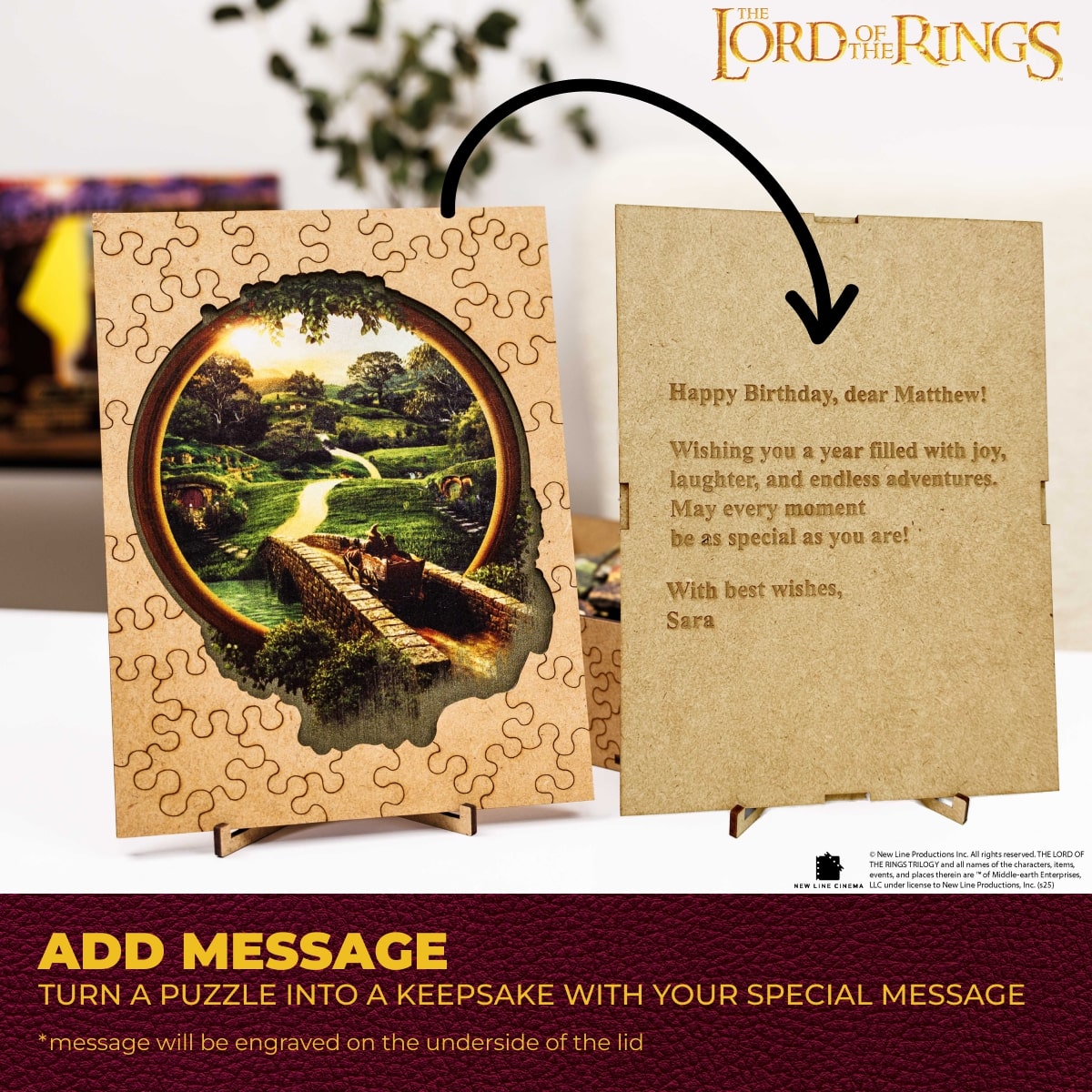 Wooden puzzle with scenic design and engraved birthday message, inspired by 'The Lord of the Rings'.