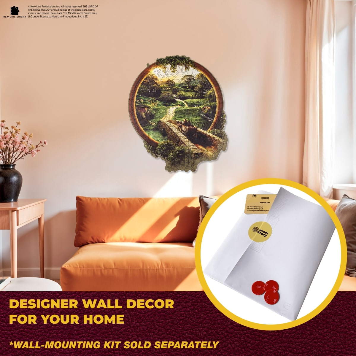 Wall decor with a scenic design in a living room setting, featuring a wall-mounting kit.
