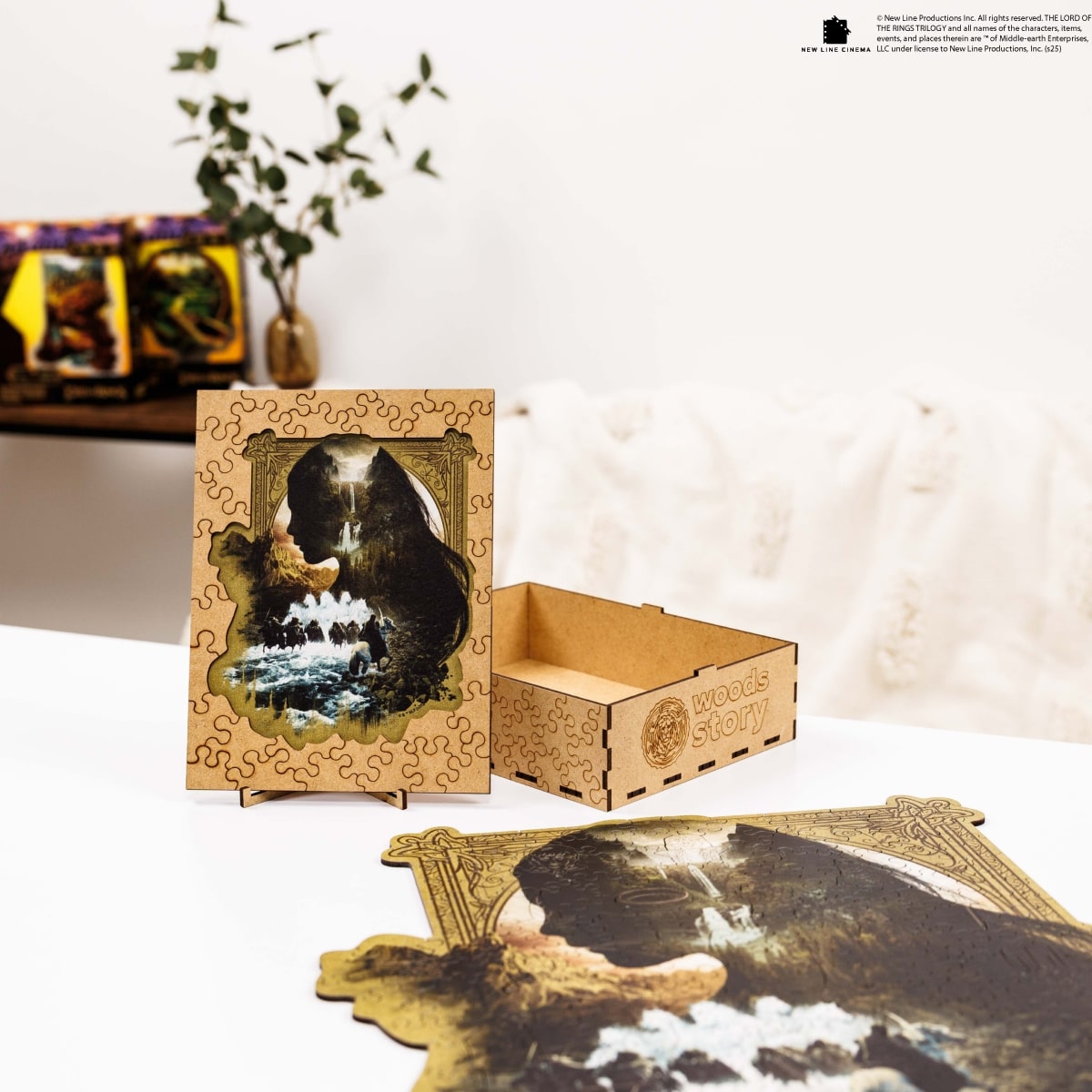 Jigsaw puzzle with decorative packaging on a white surface