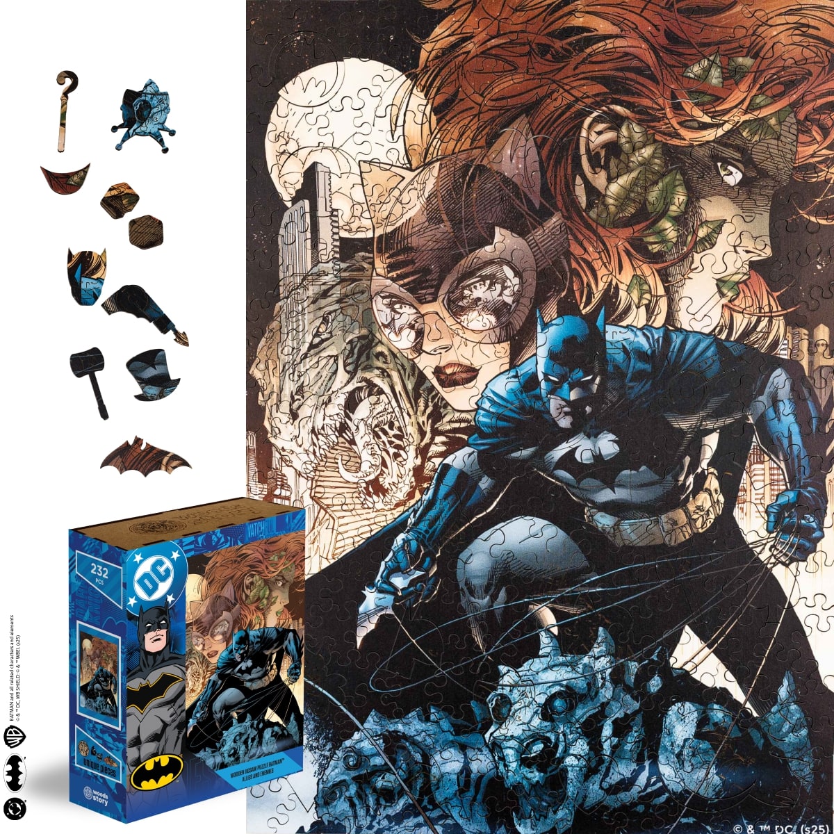 Batman puzzle set with pieces and packaging on a decorative background