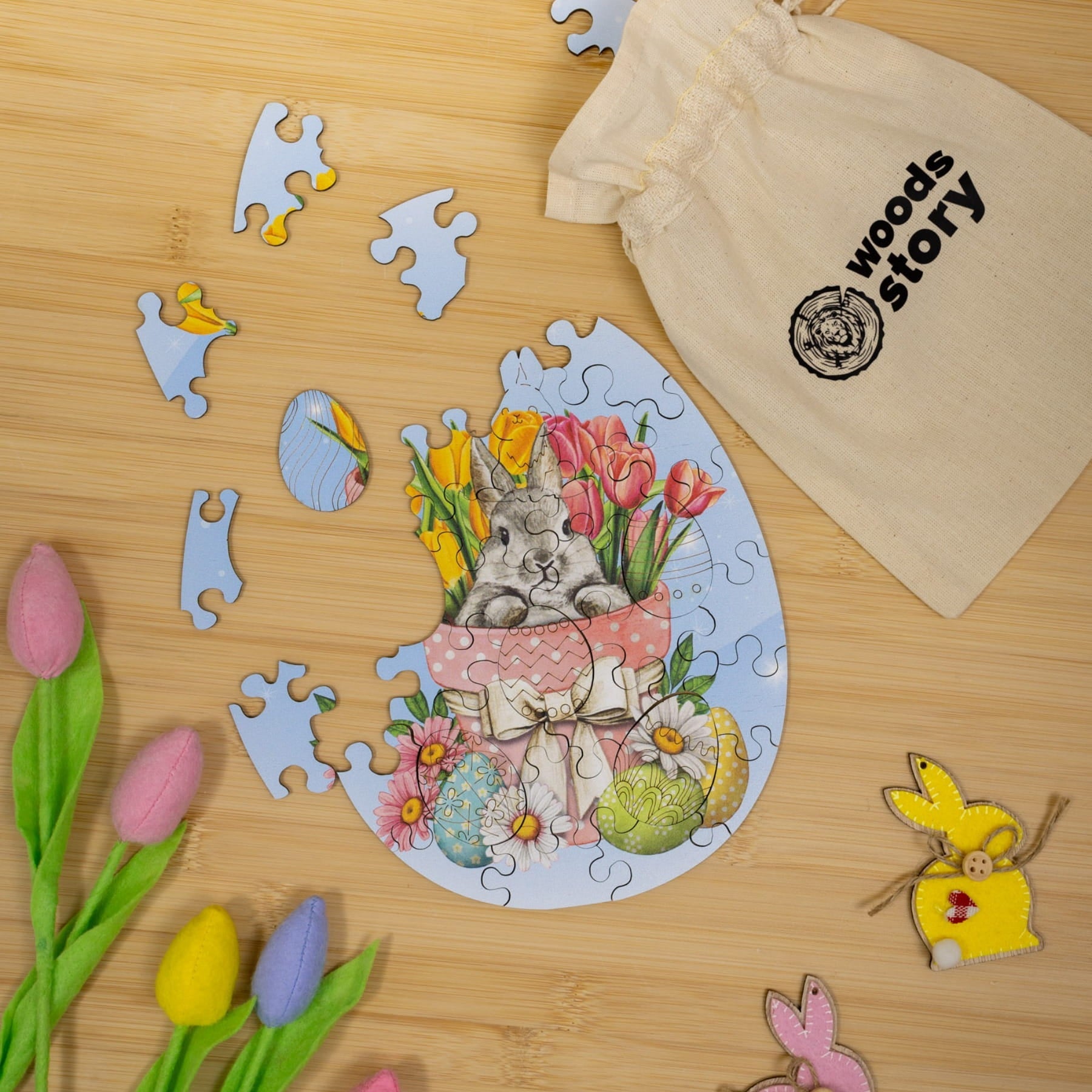 Easter Jigsaw Puzzles for Kids - Easter Bunny with Tulips - Woods Story