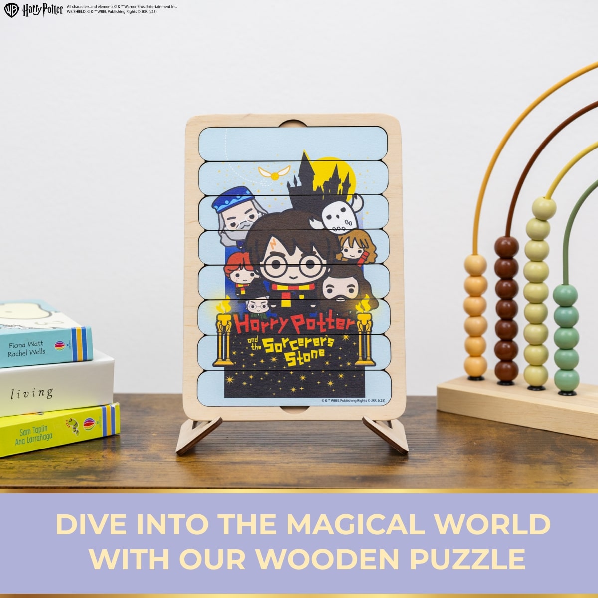 Wooden puzzle with Harry Potter design on a wooden surface with books and an abacus in the background.