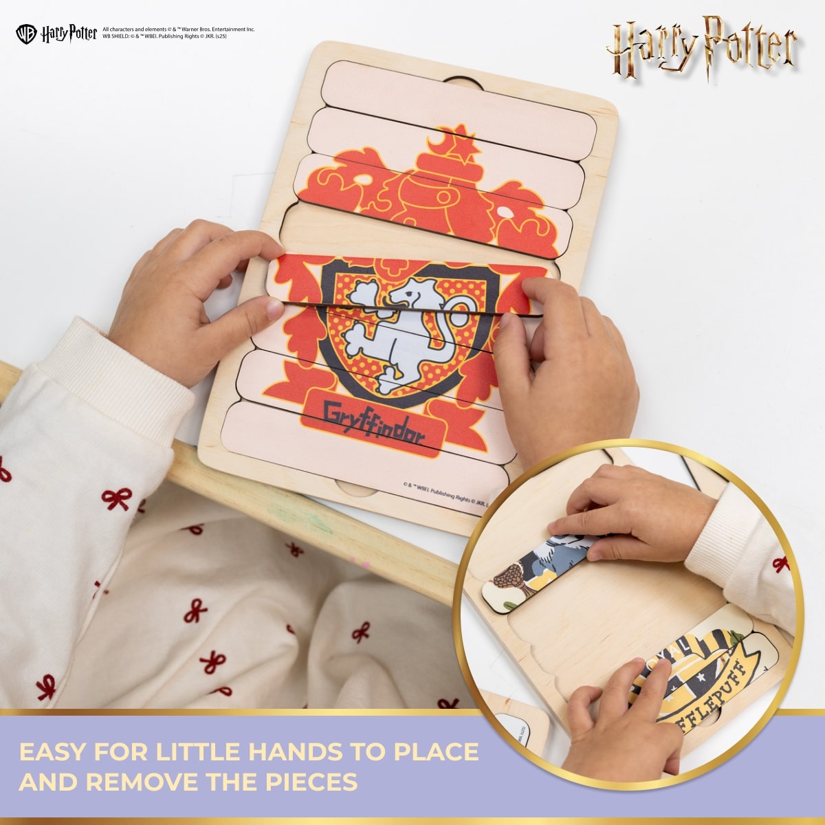 Wooden puzzle with Gryffindor emblem and Harry Potter branding, suitable for young children.