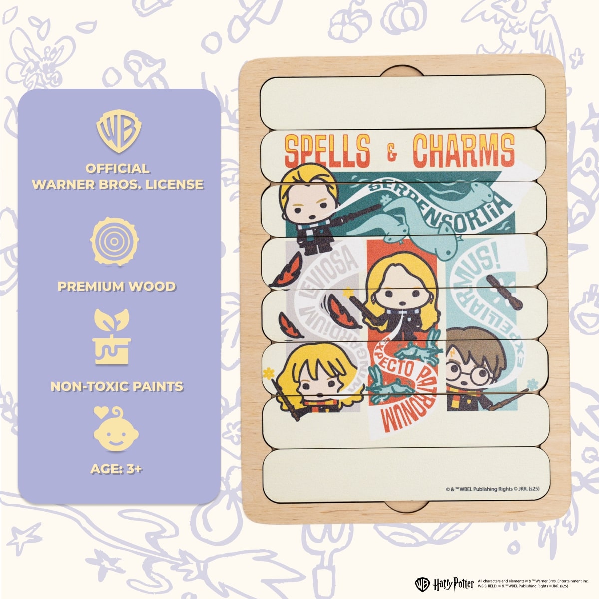 Wooden toy set with Harry Potter characters and 'Spells & Charms' branding on a decorative background.