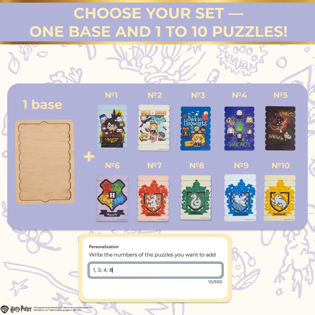 Product packaging with a base and 10 puzzle pieces on a light purple background