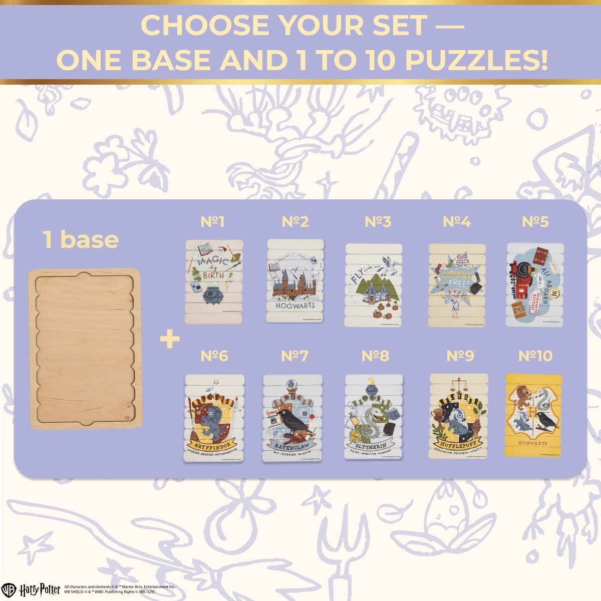 Set of puzzles with a base and various themed cards on a light purple background.