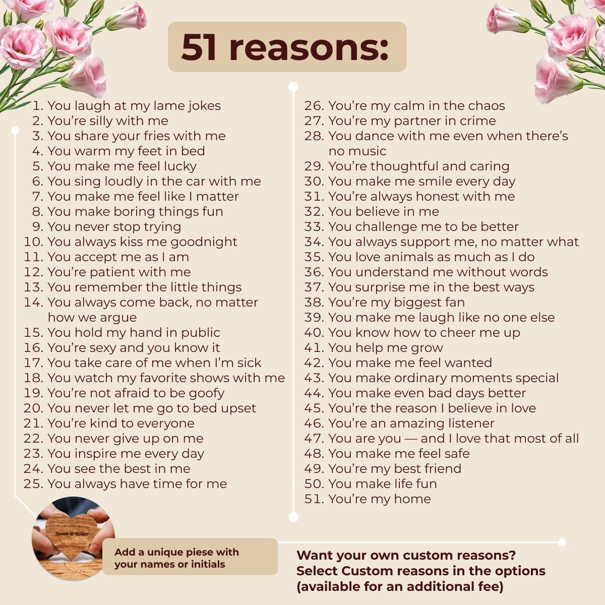List of '51 reasons' with a decorative border of flowers and a cup.