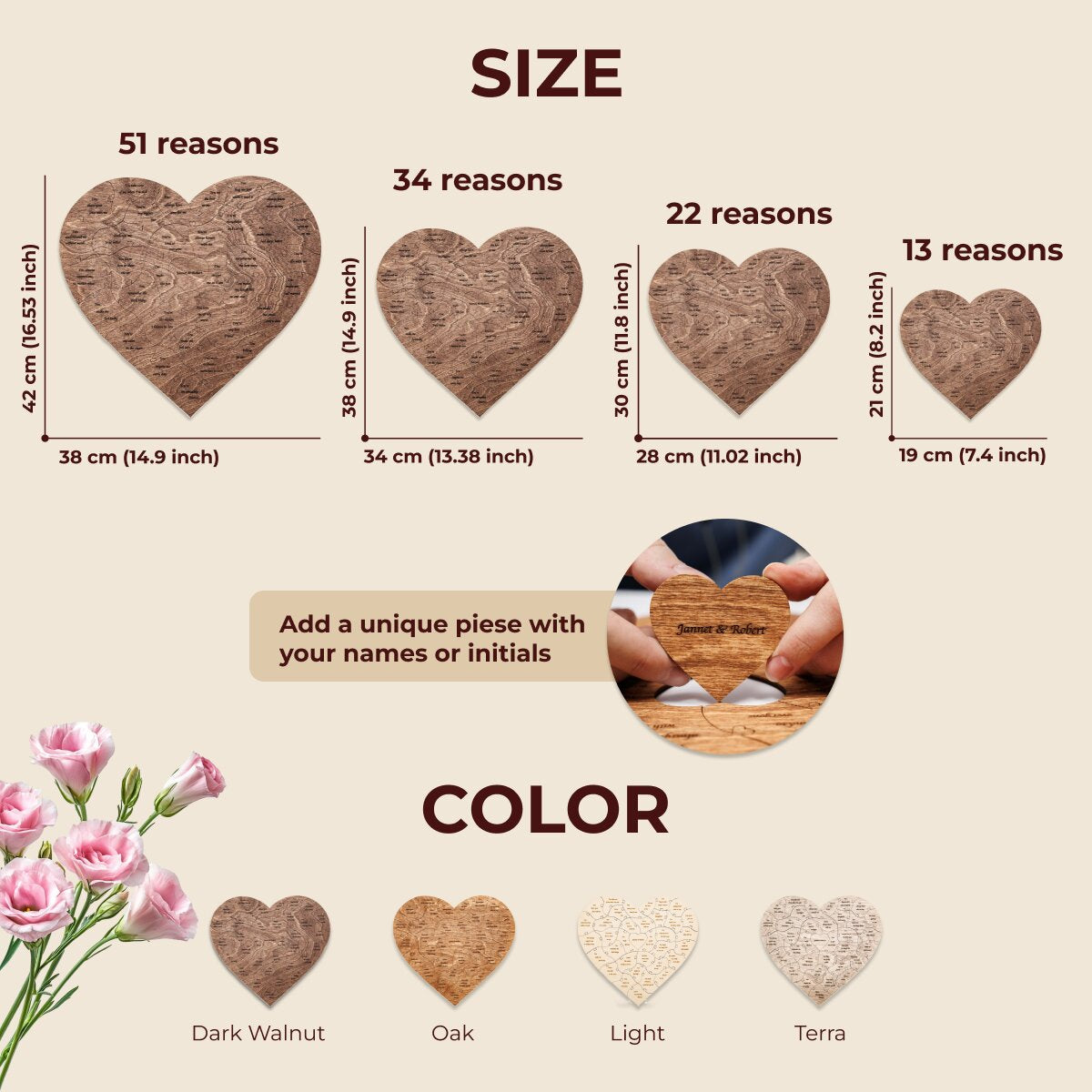 Product size and color options with heart-shaped items on a beige background