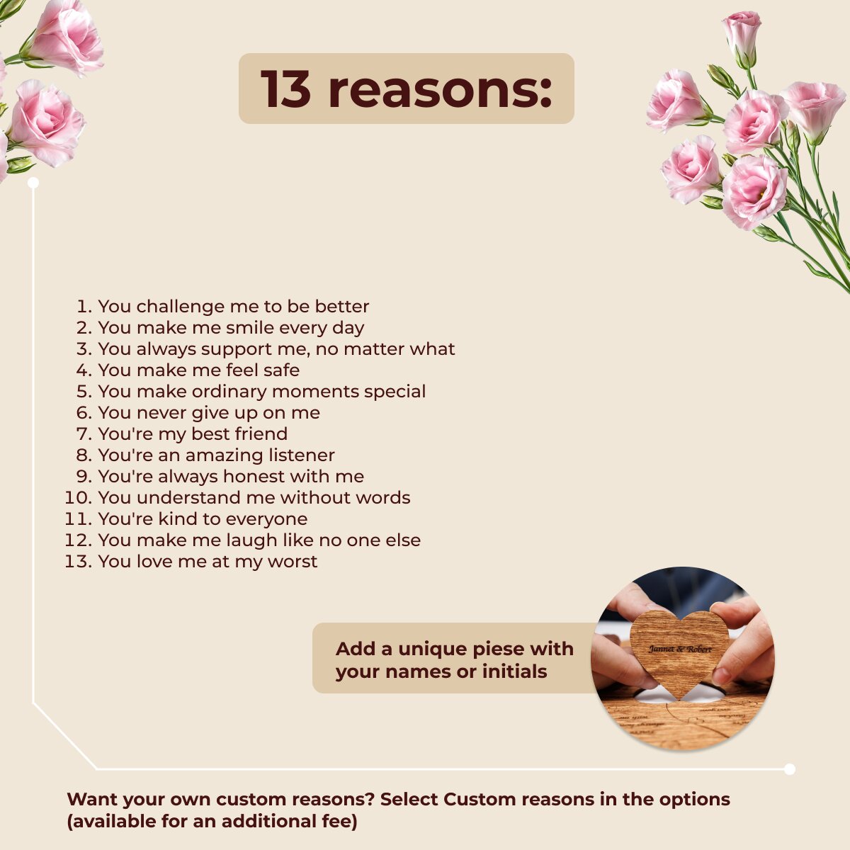 List of '13 reasons' with floral decorations on a beige background