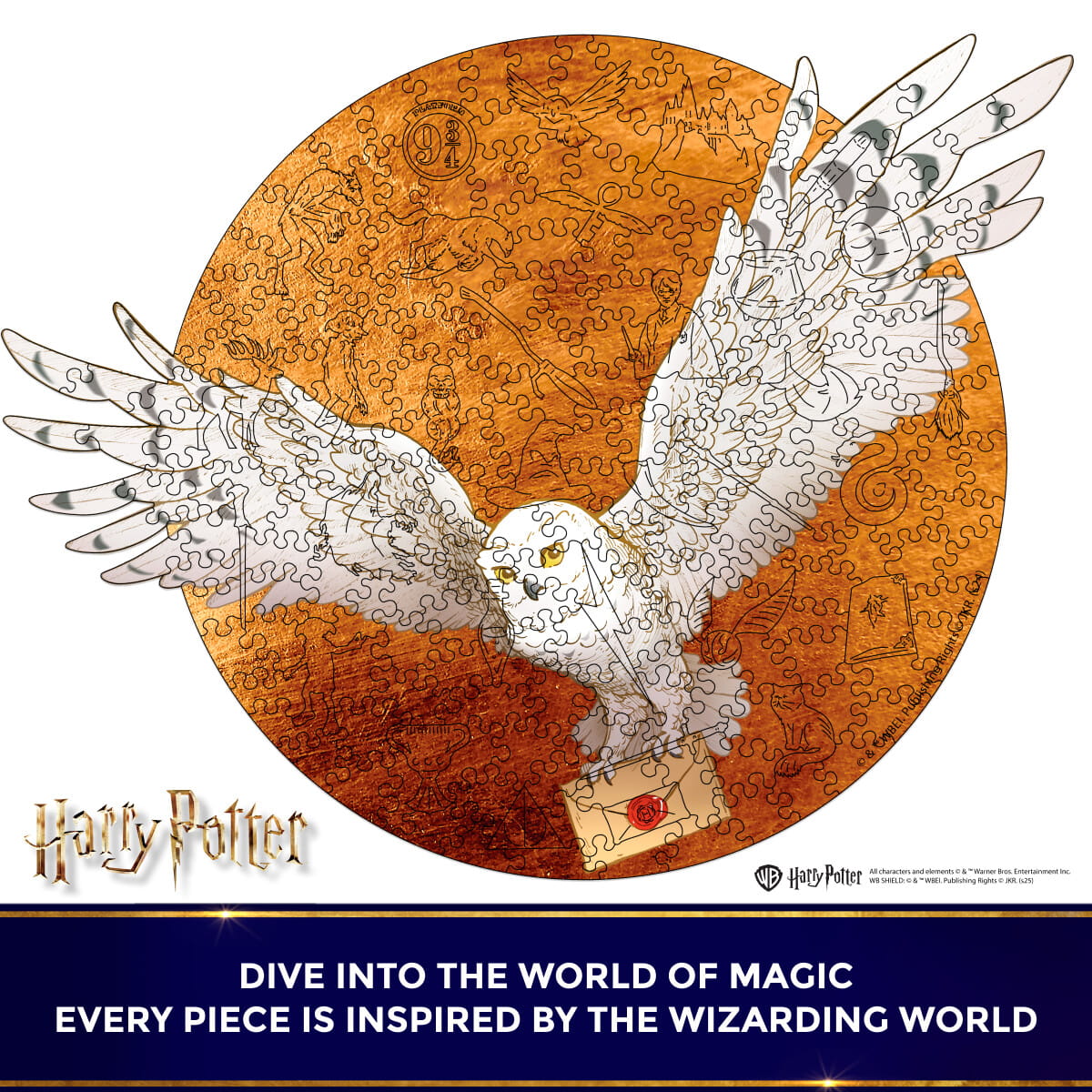 Jigsaw puzzle with a snowy owl design inspired by Harry Potter, featuring the brand name at the bottom.