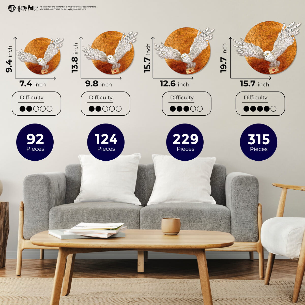 Living room setup with a gray sofa, wooden coffee table, and decorative elements.