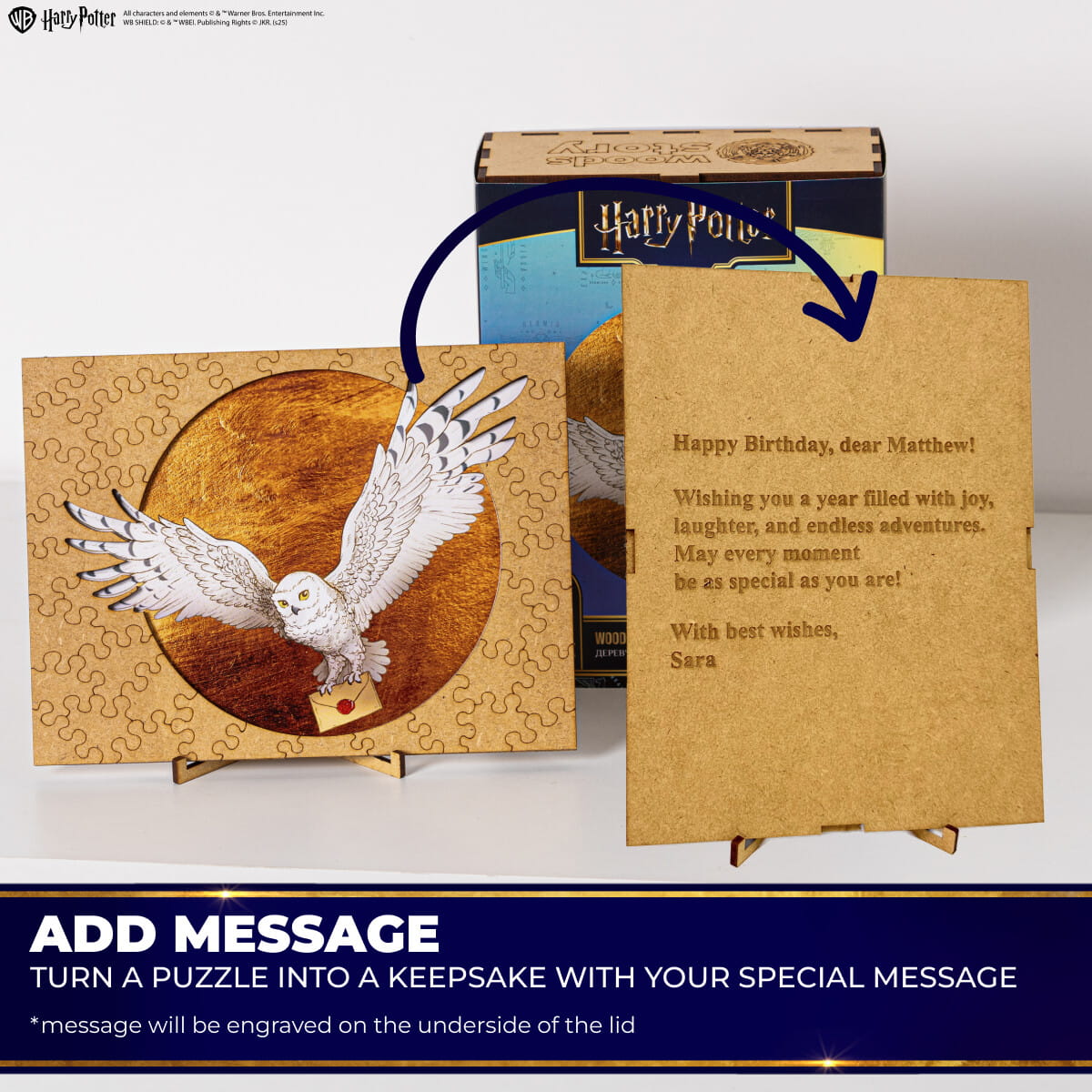 Personalized puzzle with owl design and engraved message, Harry Potter theme.