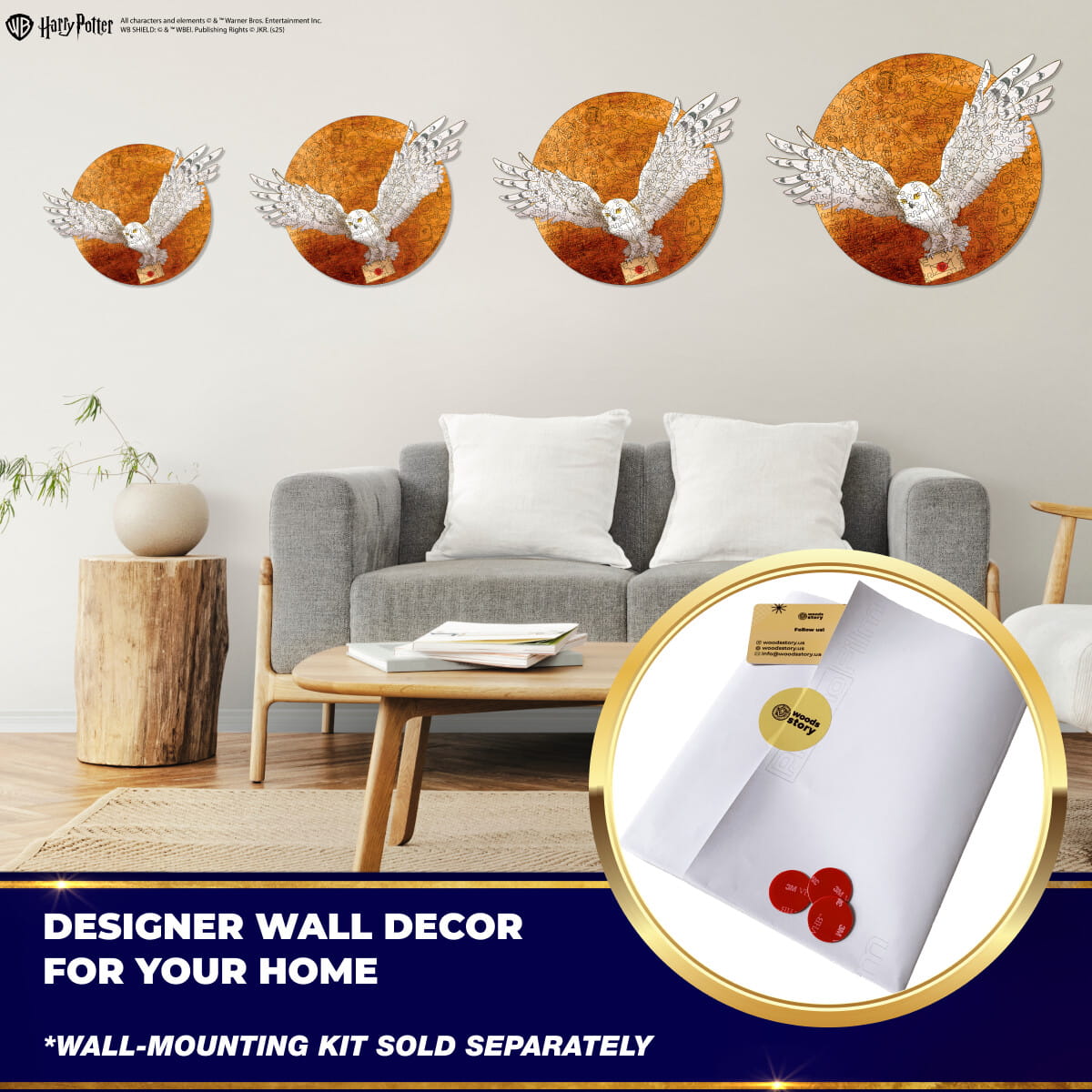 Living room with Harry Potter-themed wall decor and a close-up of packaging.