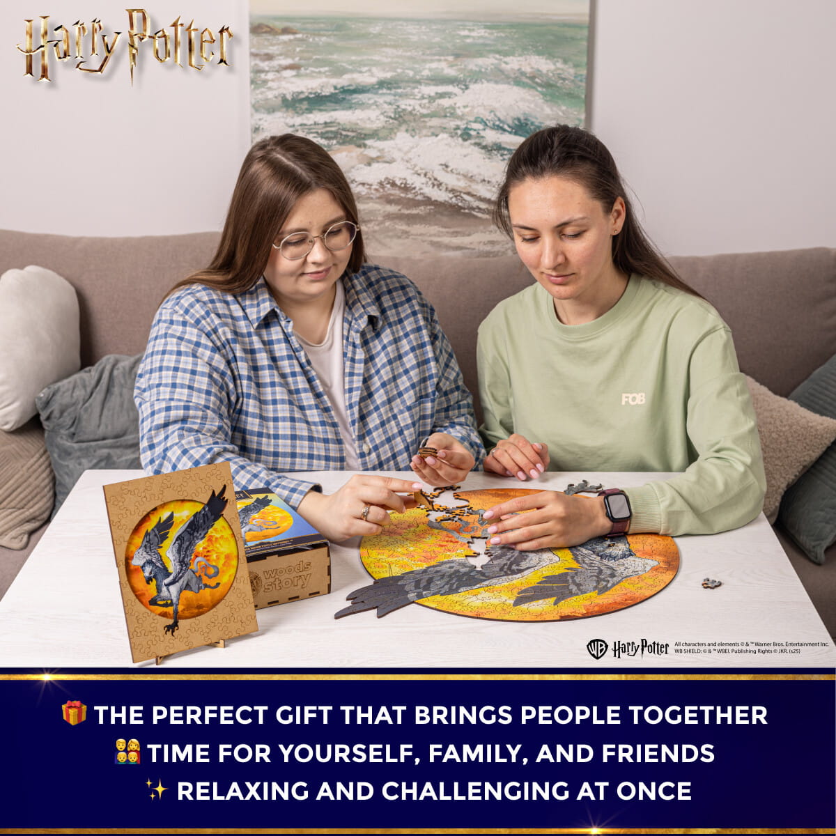 Two people working on a Harry Potter puzzle together, with promotional text at the bottom.