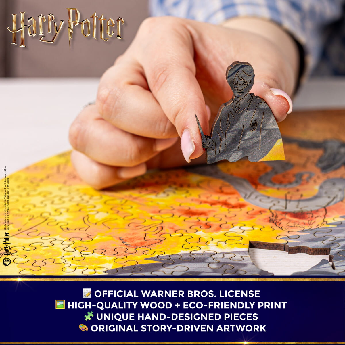 Hand holding a puzzle piece with 'Harry Potter' branding, featuring a high-quality wood and eco-friendly print.