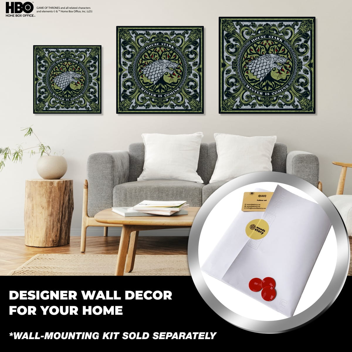 Living room with Game of Thrones-themed wall decor and a close-up of wall-mounting kit.