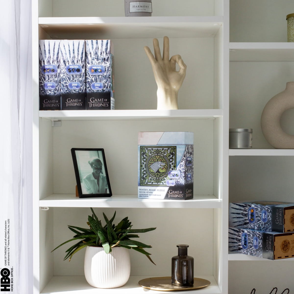 White bookshelf with decorative items including books, a figurine, and a plant.