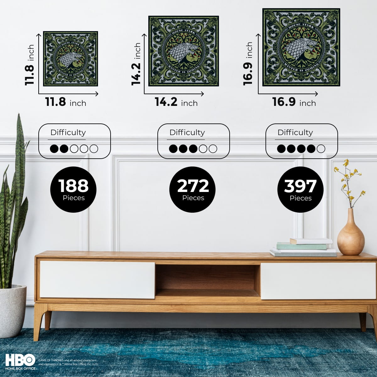 Three framed artworks with dimensions and piece counts on a wall with a TV stand below.