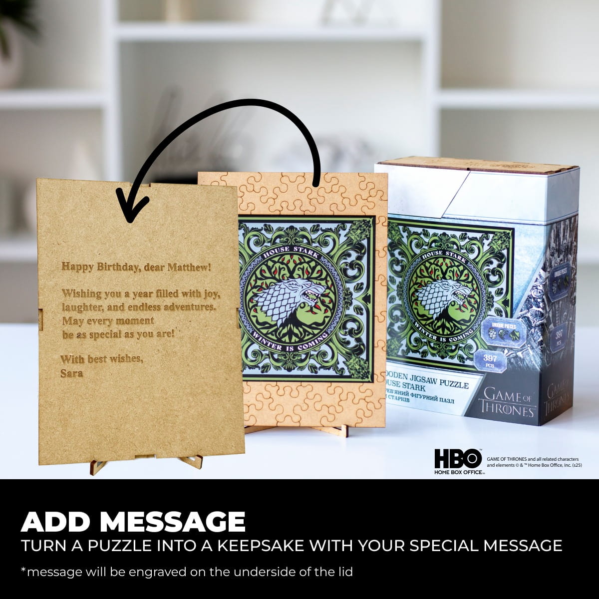 Jigsaw puzzle packaging with a decorative lid and a message card, featuring HBO branding.