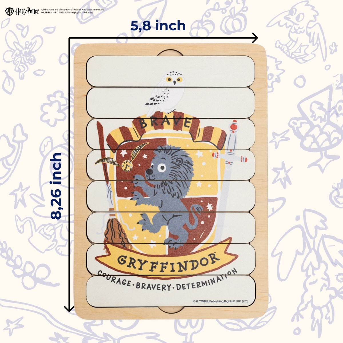 Gryffindor-themed wooden puzzle with measurements on a Harry Potter-themed background