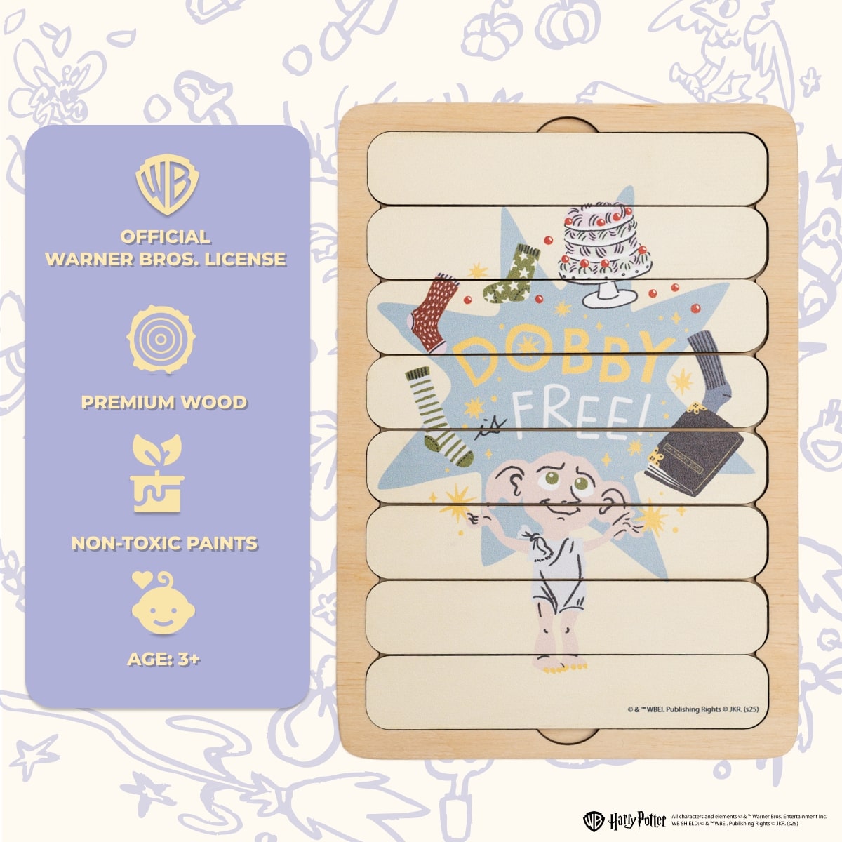 Wooden puzzle with 'Dobby Free!' design and Warner Bros. license card on a light purple background.