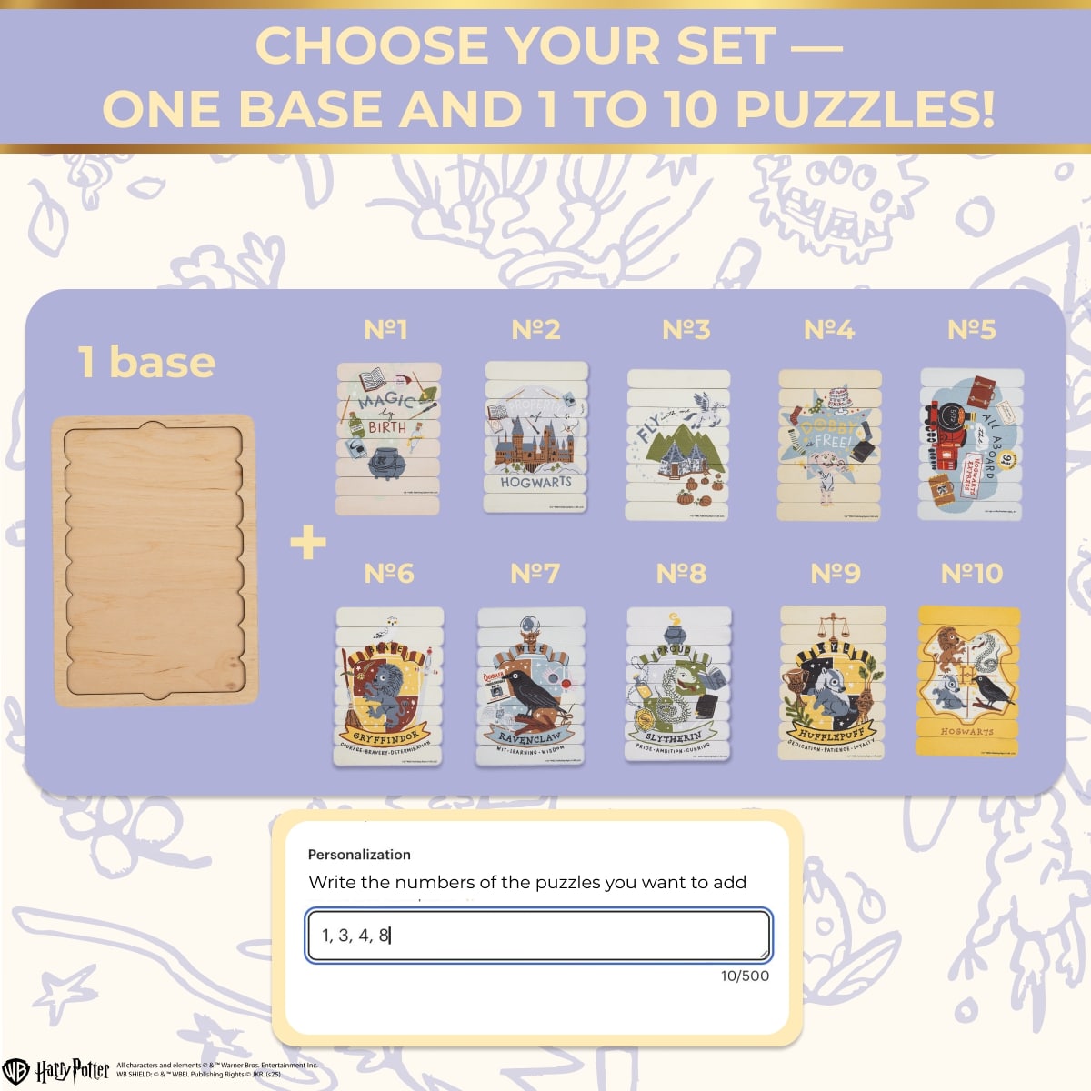 Product packaging with puzzle pieces and base, featuring text 'Choose your set - one base and 1 to 10 puzzles!'.