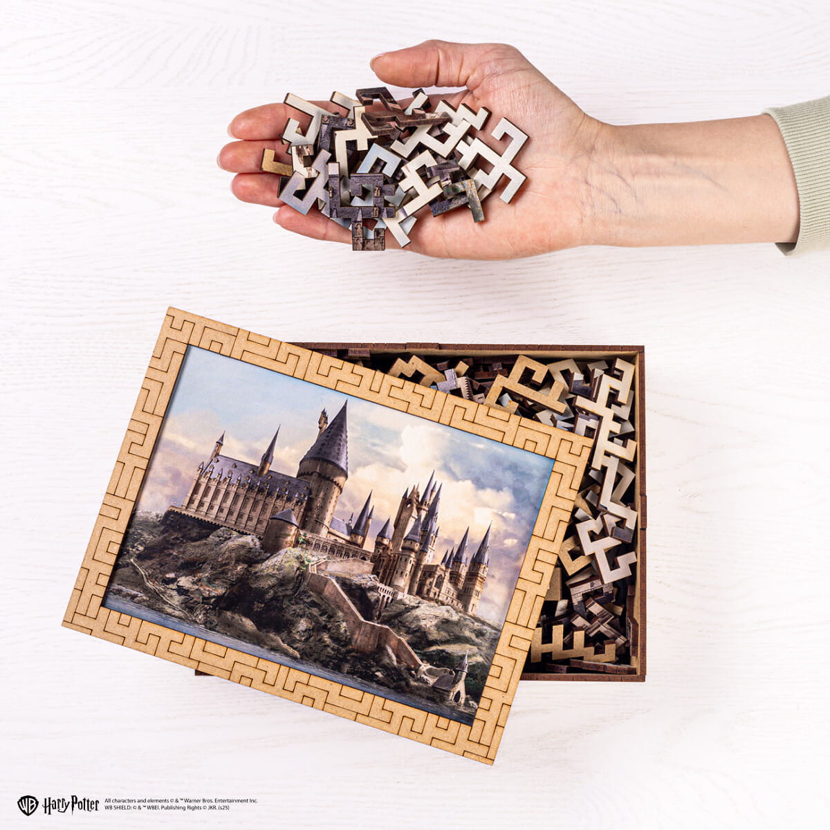 Hand holding puzzle pieces above a box of Harry Potter-themed puzzle pieces on a white background