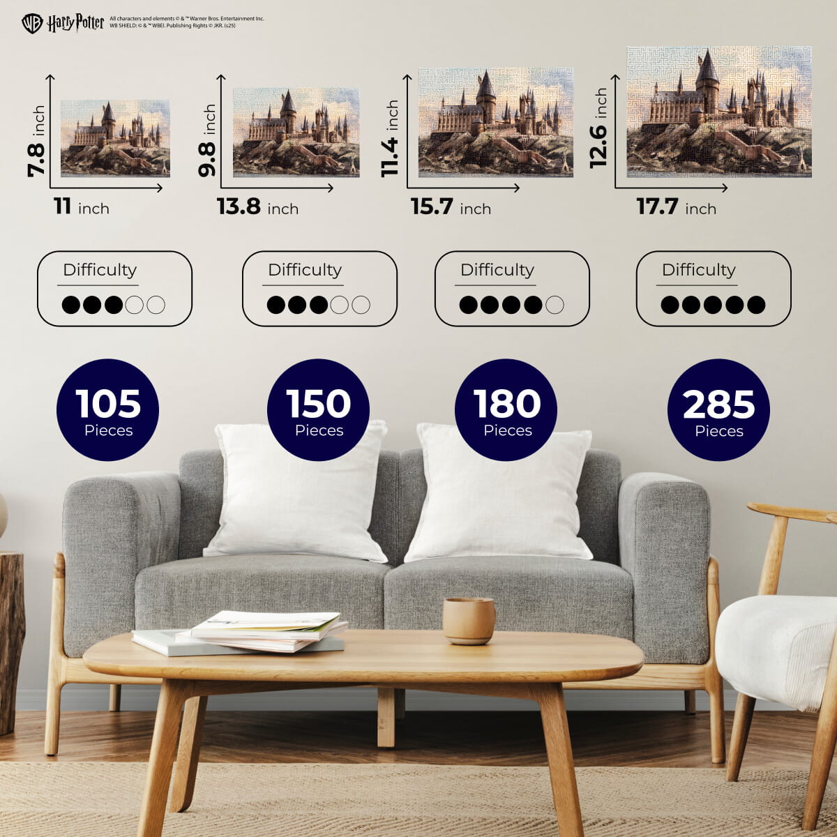 Living room setup with a gray sofa, wooden coffee table, and Harry Potter-themed wall art pieces.