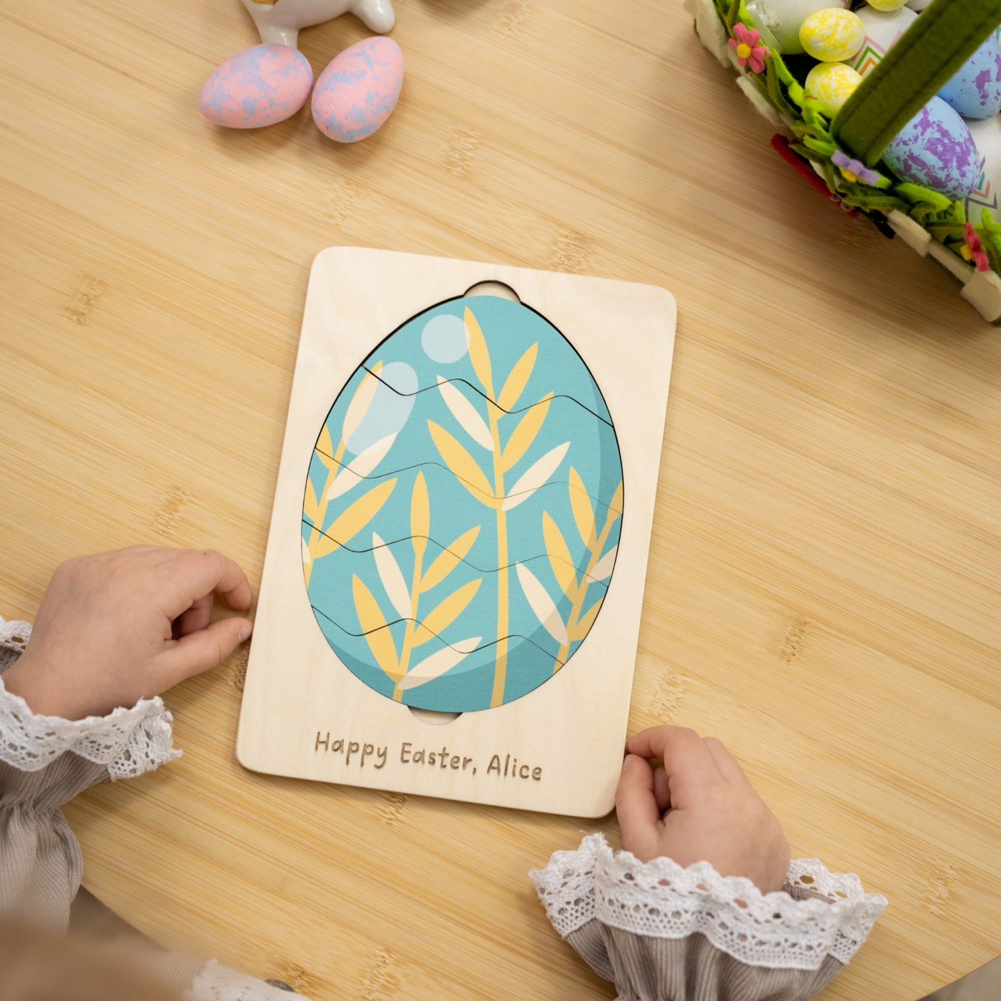 Montessori Wooden Easter Egg Puzzle - Golden Leaves - Woods Story