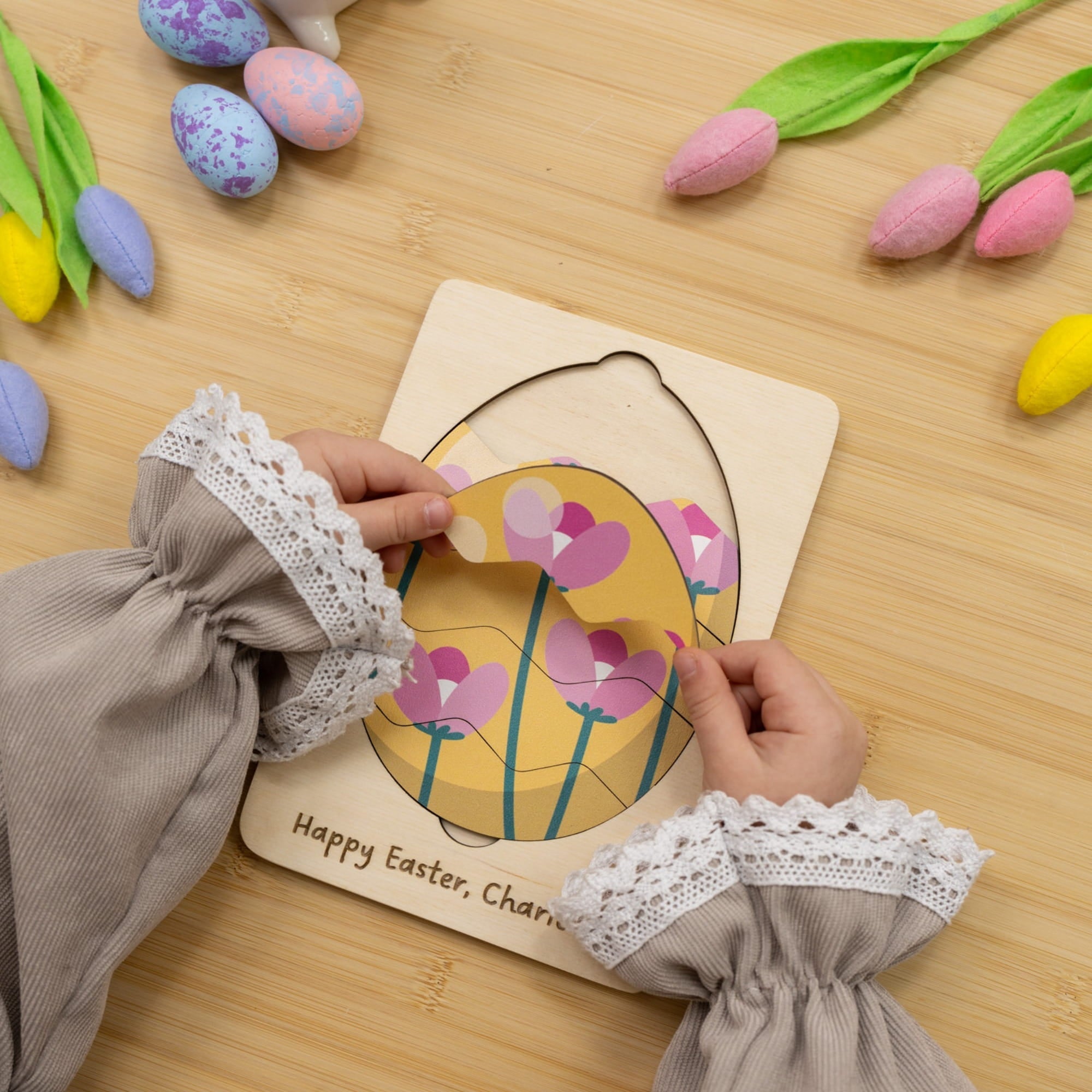Montessori Wooden Easter Egg Puzzle - Pink Flower - Woods Story