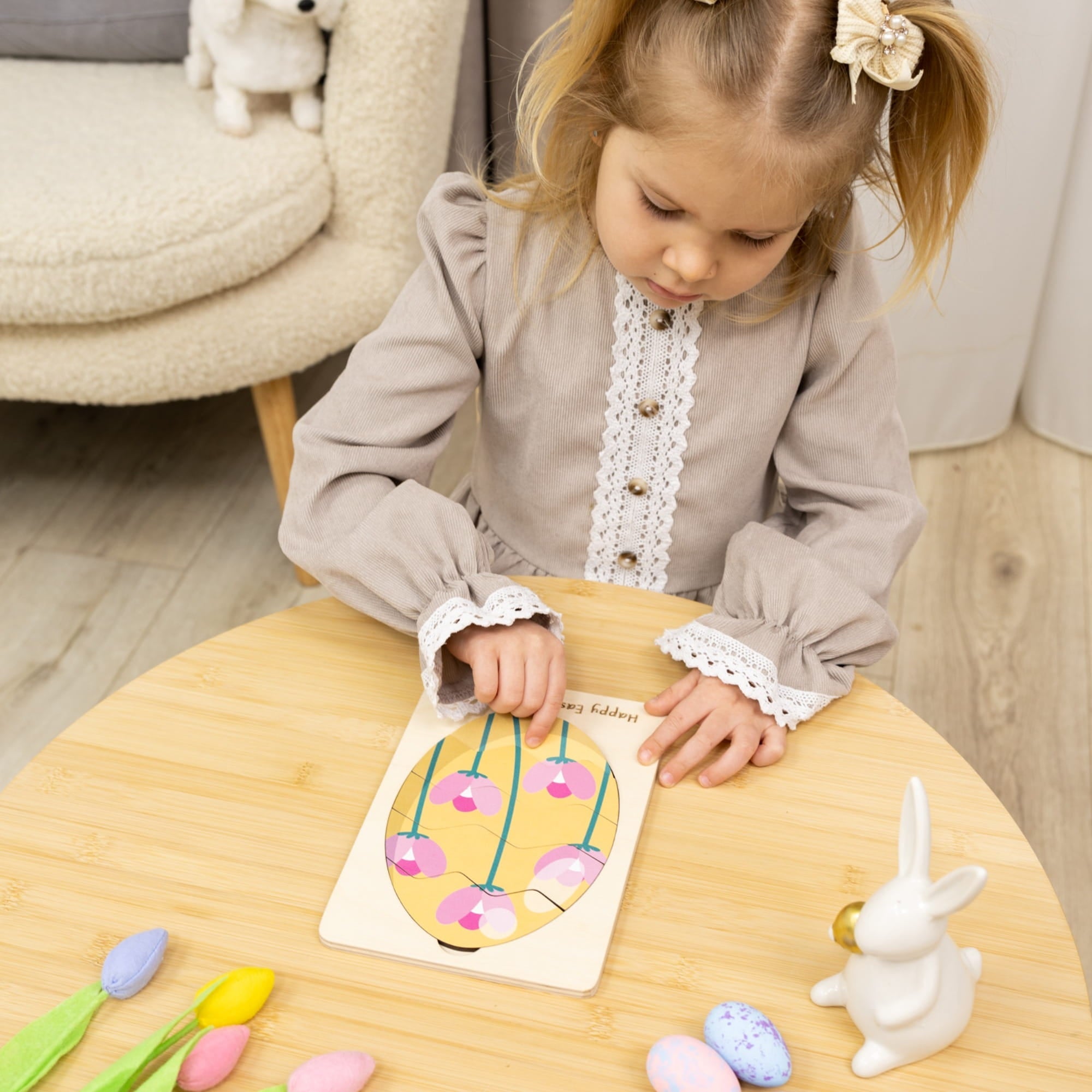 Montessori Wooden Easter Egg Puzzle - Pink Flower - Woods Story