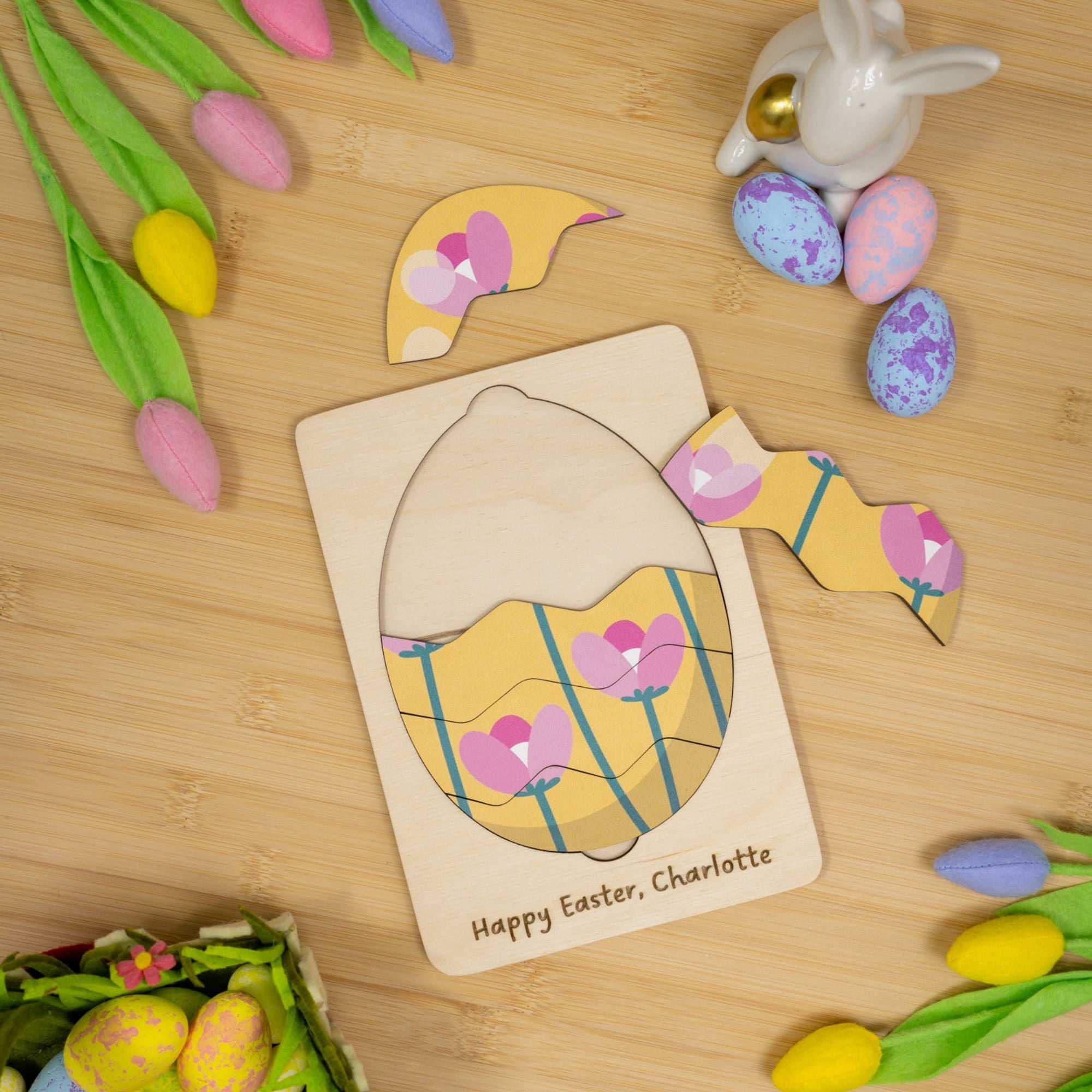 Montessori Wooden Easter Egg Puzzle - Pink Flower - Woods Story
