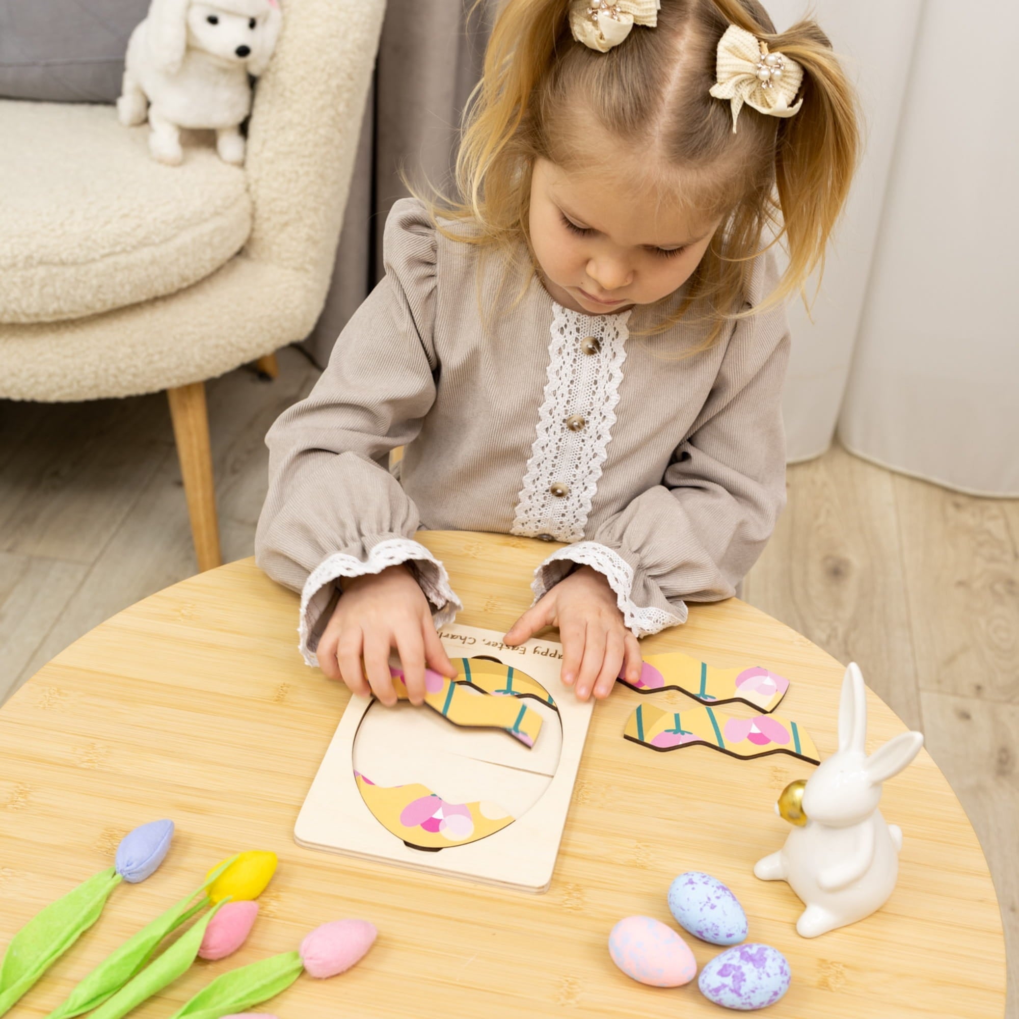 Montessori Wooden Easter Egg Puzzle - Pink Flower - Woods Story