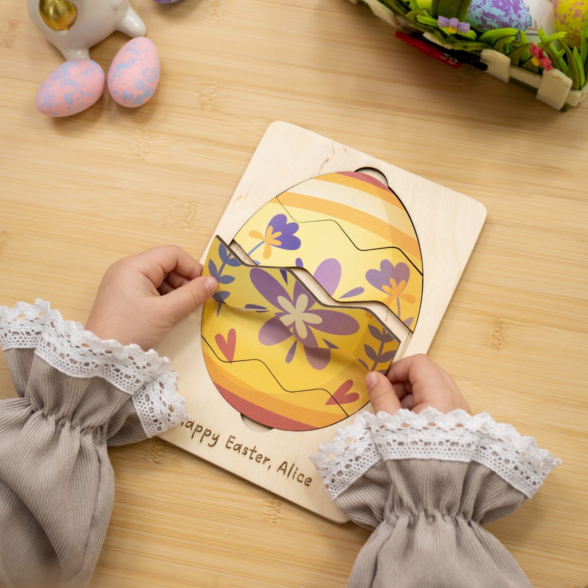 Montessori Wooden Easter Egg Puzzle - Spring Floral - Woods Story