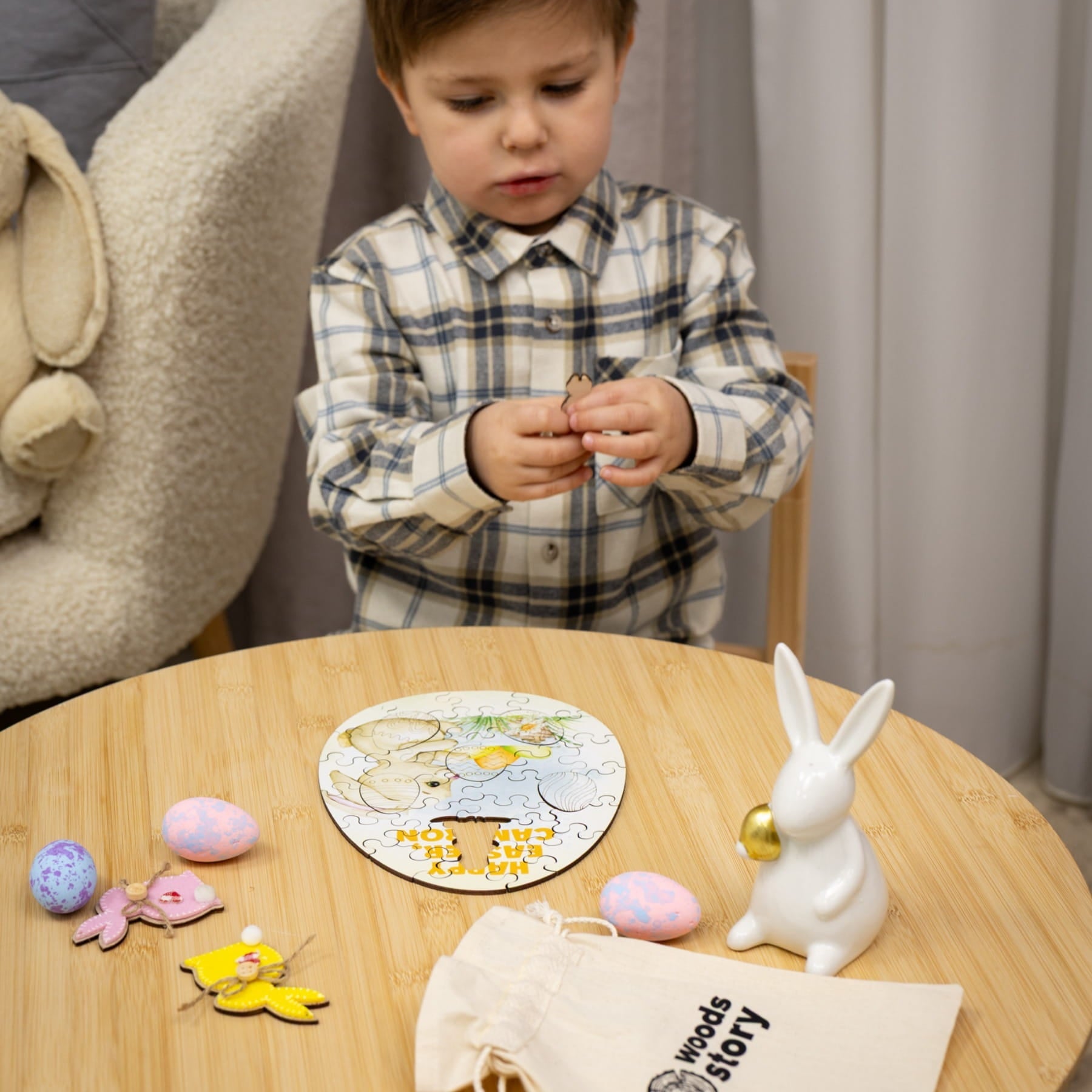 Wooden Easter Jigsaw Puzzle for Kids - Cute Easter Bunny - Woods Story