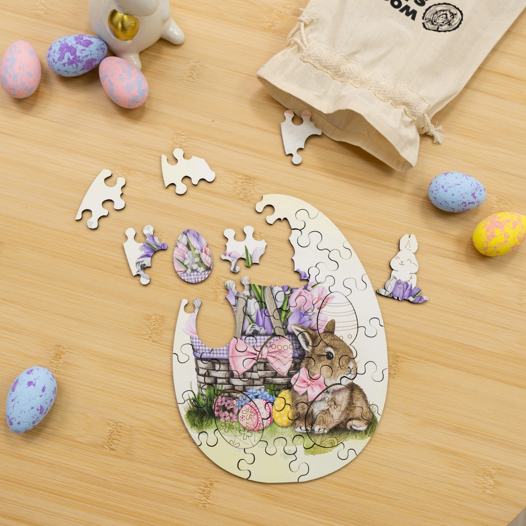 Wooden Easter Jigsaw Puzzle for Kids - Easter Bunny with Flowers - Woods Story