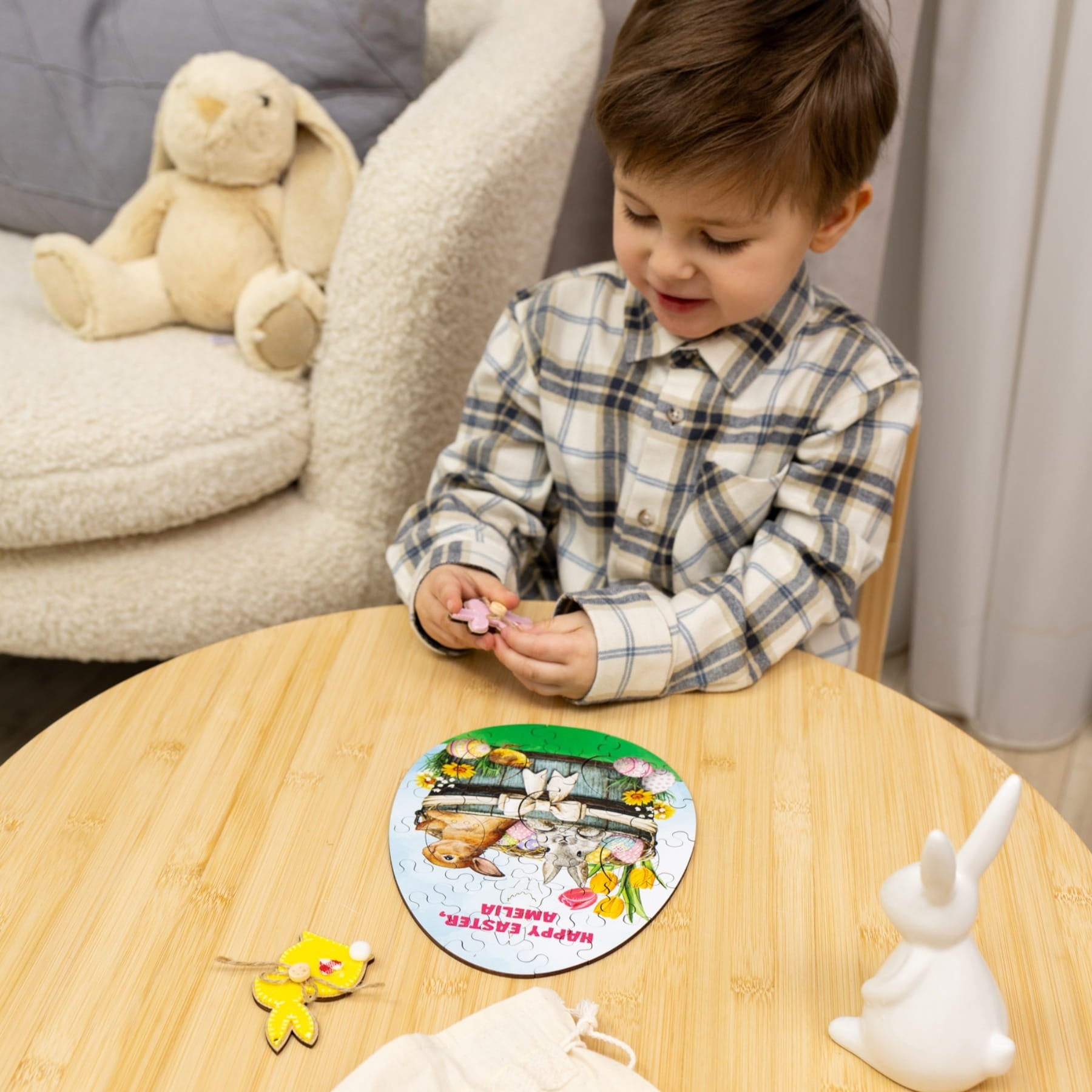 Wooden Easter Jigsaw Puzzle for Kids - Easter Rabbits in Basket - Woods Story
