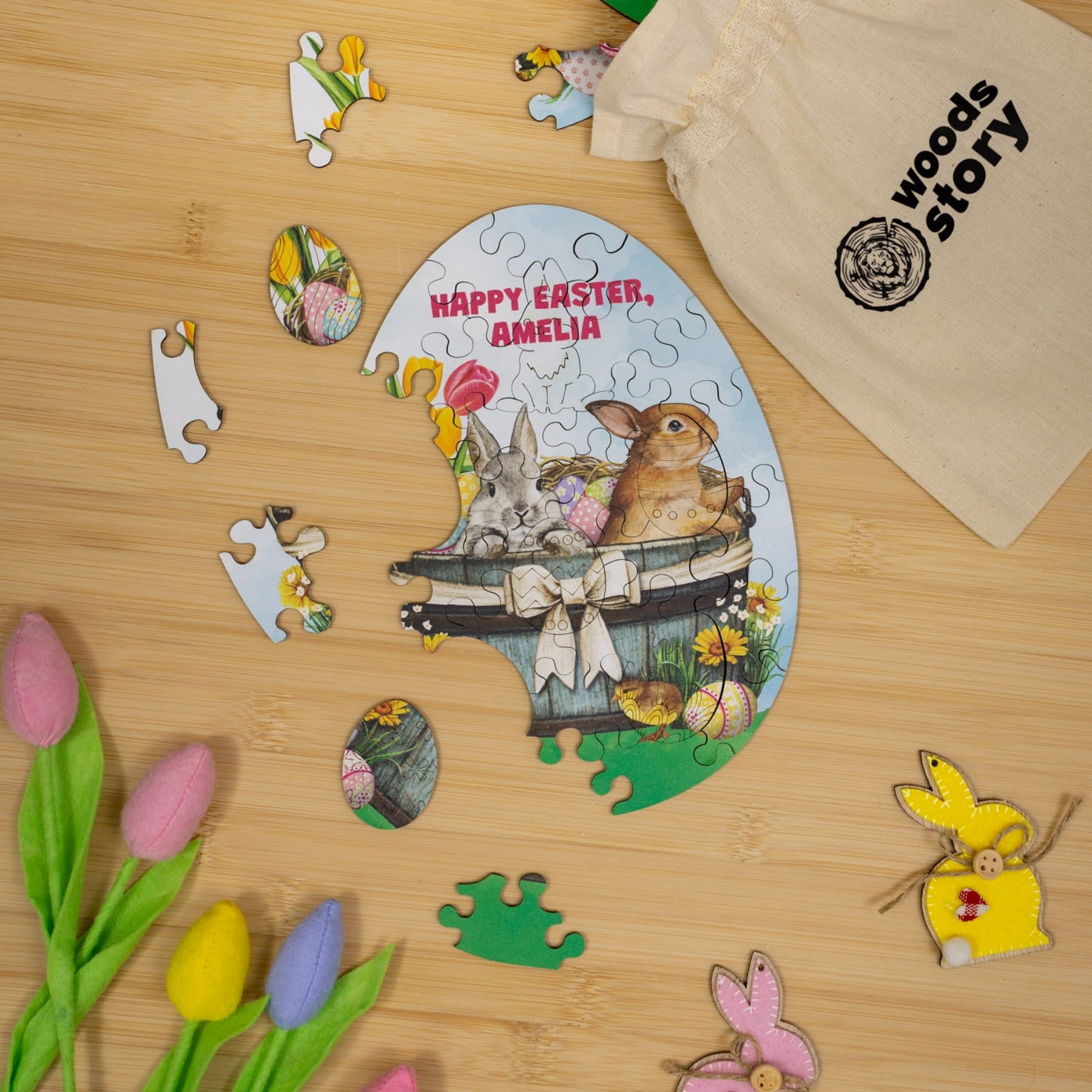 Wooden Easter Jigsaw Puzzle for Kids - Easter Rabbits in Basket - Woods Story