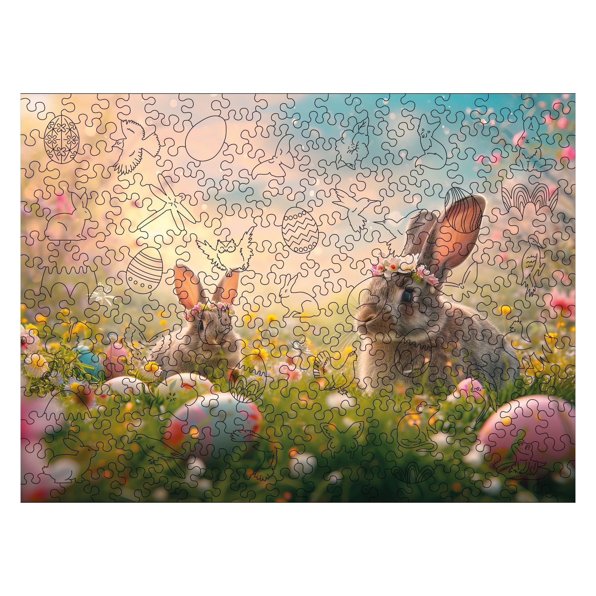 Wooden Easter Puzzle - Easter Bunnies in Spring Meadow - Woods Story