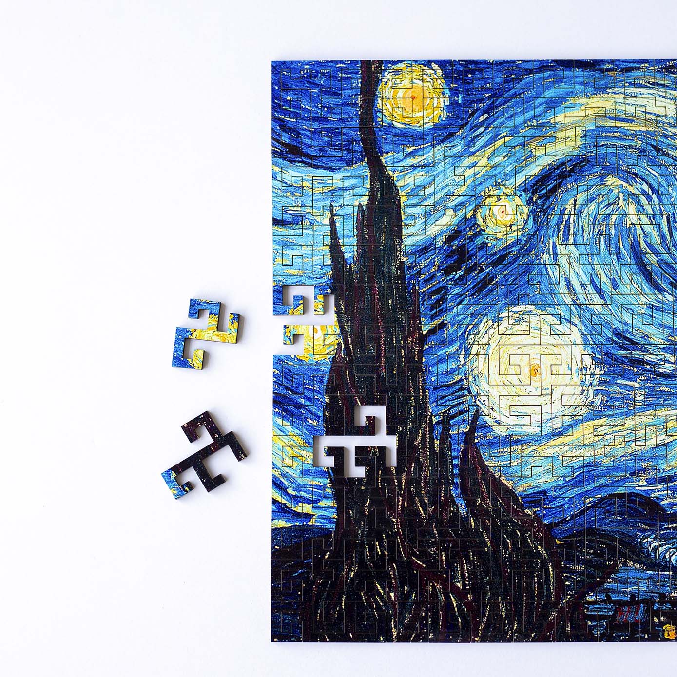 Wooden jigsaw maze puzzle The Starry Night (Vincent van Gogh) - Woods Story